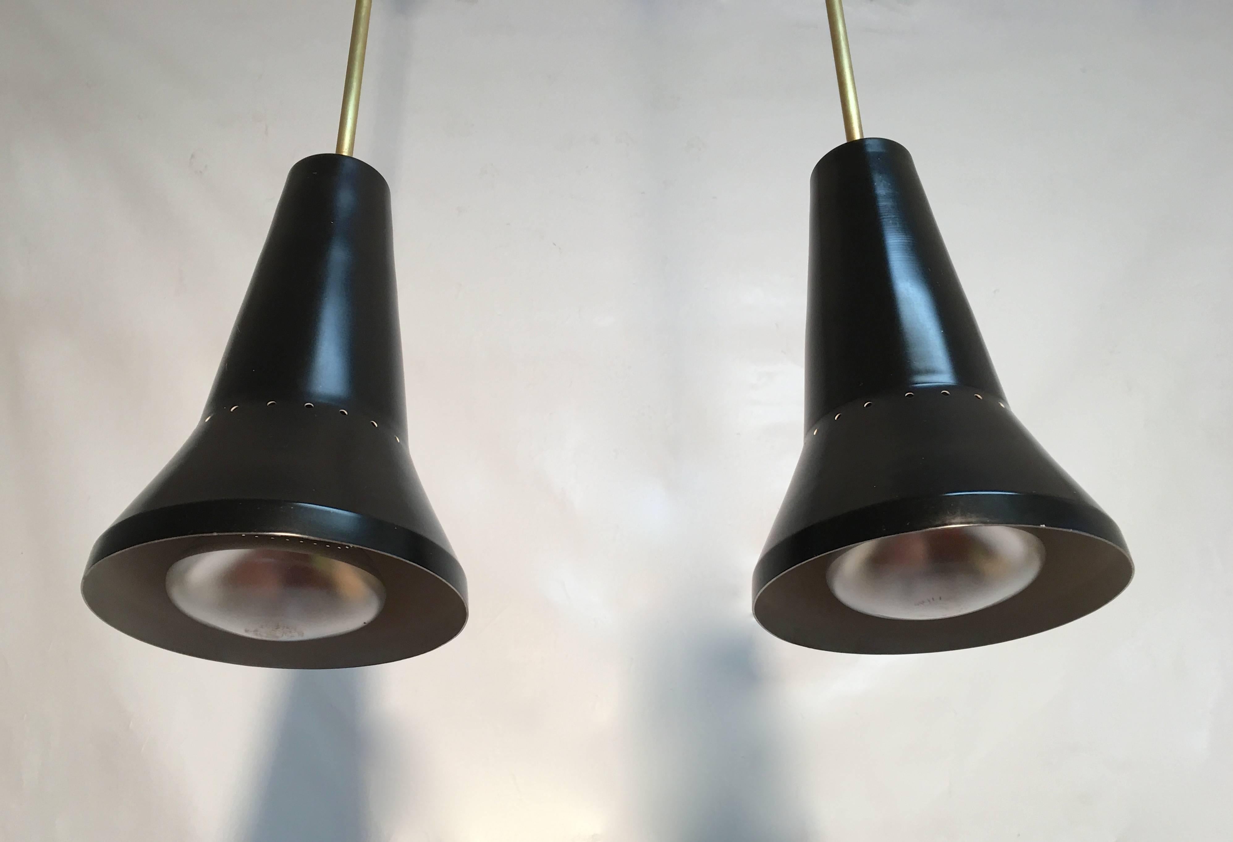 20th Century Pair of Two Mid Century Black and Brass Stilux Pendants For Sale