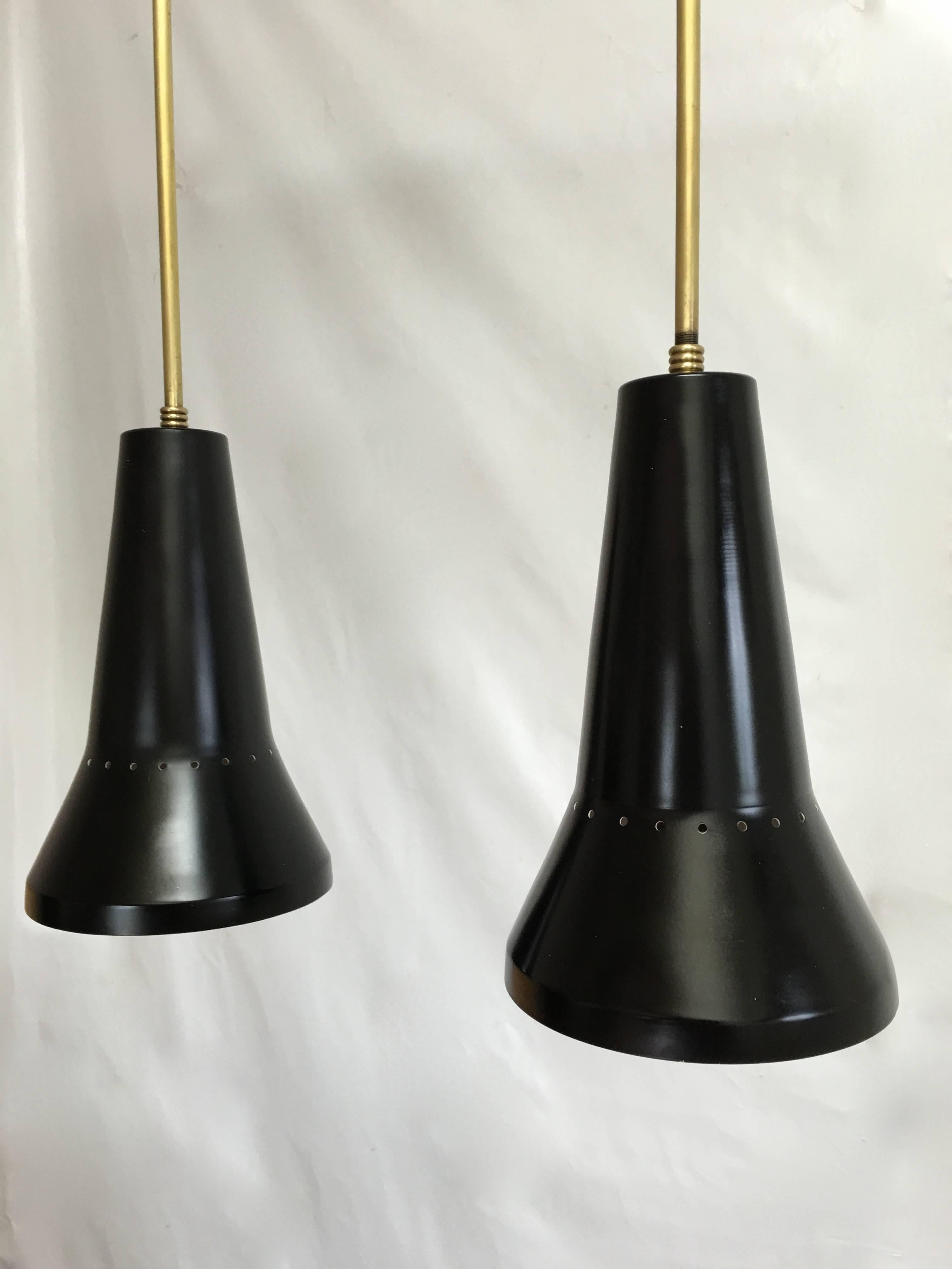 Italian Pair of Two Mid Century Black and Brass Stilux Pendants For Sale