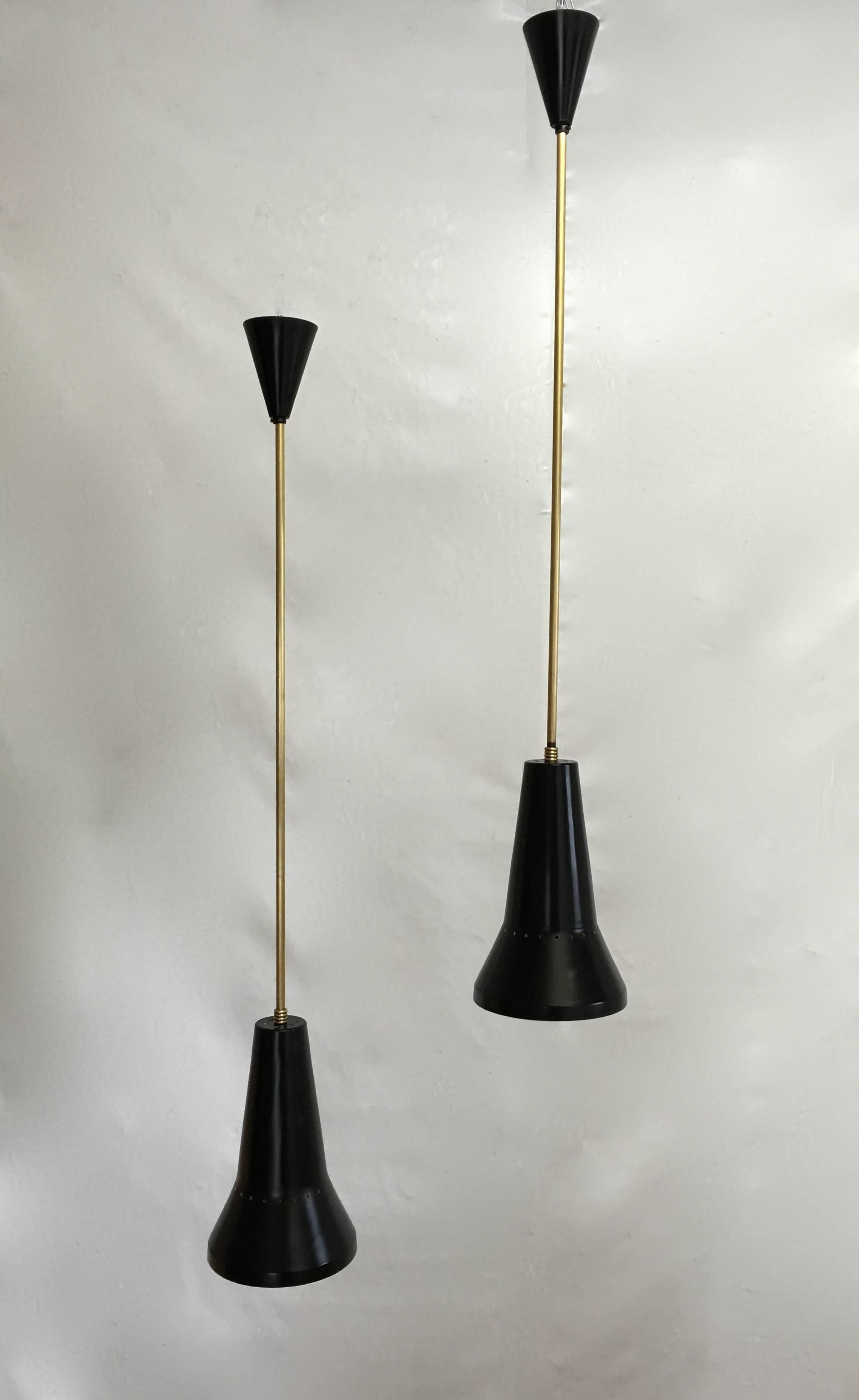 Mid-Century Modern Pair of Two Mid Century Black and Brass Stilux Pendants For Sale