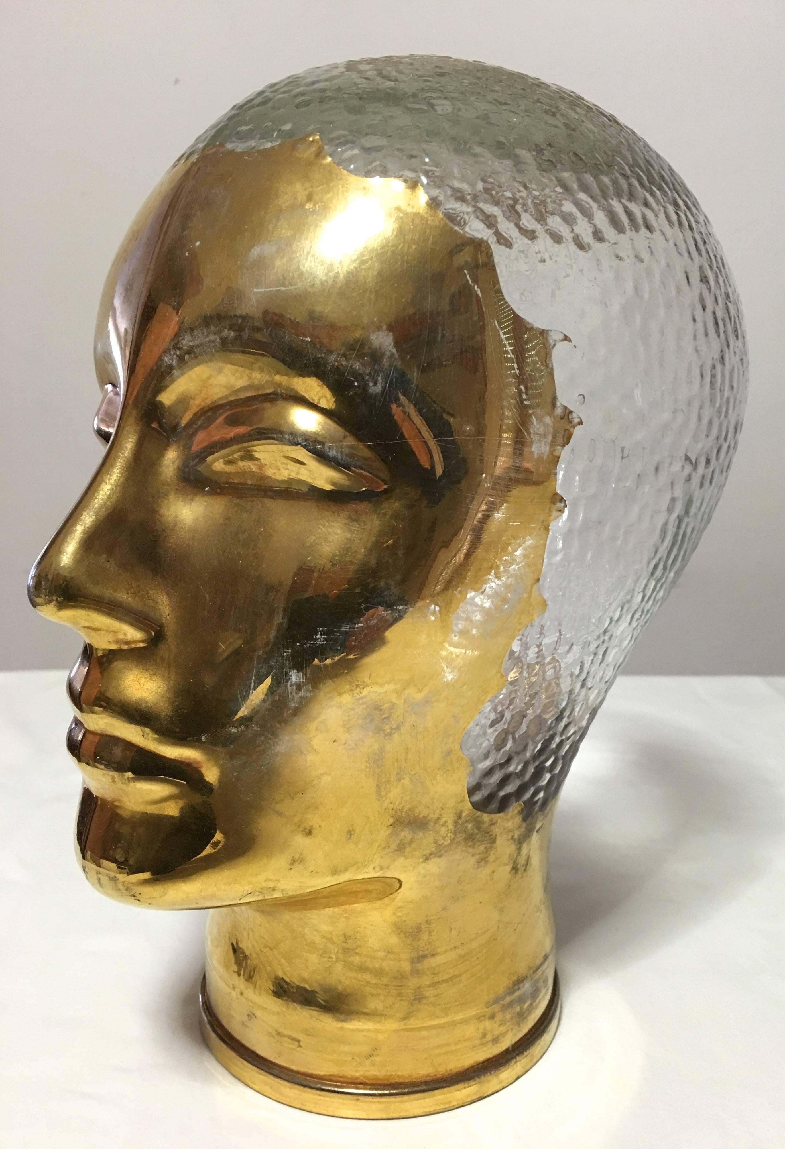 A very rare sculpture of glass textured head covered with gold executed by Piero Fornasetti in the 1970s, Italy. Original label at the back of the neck. Only 10 of these were made.