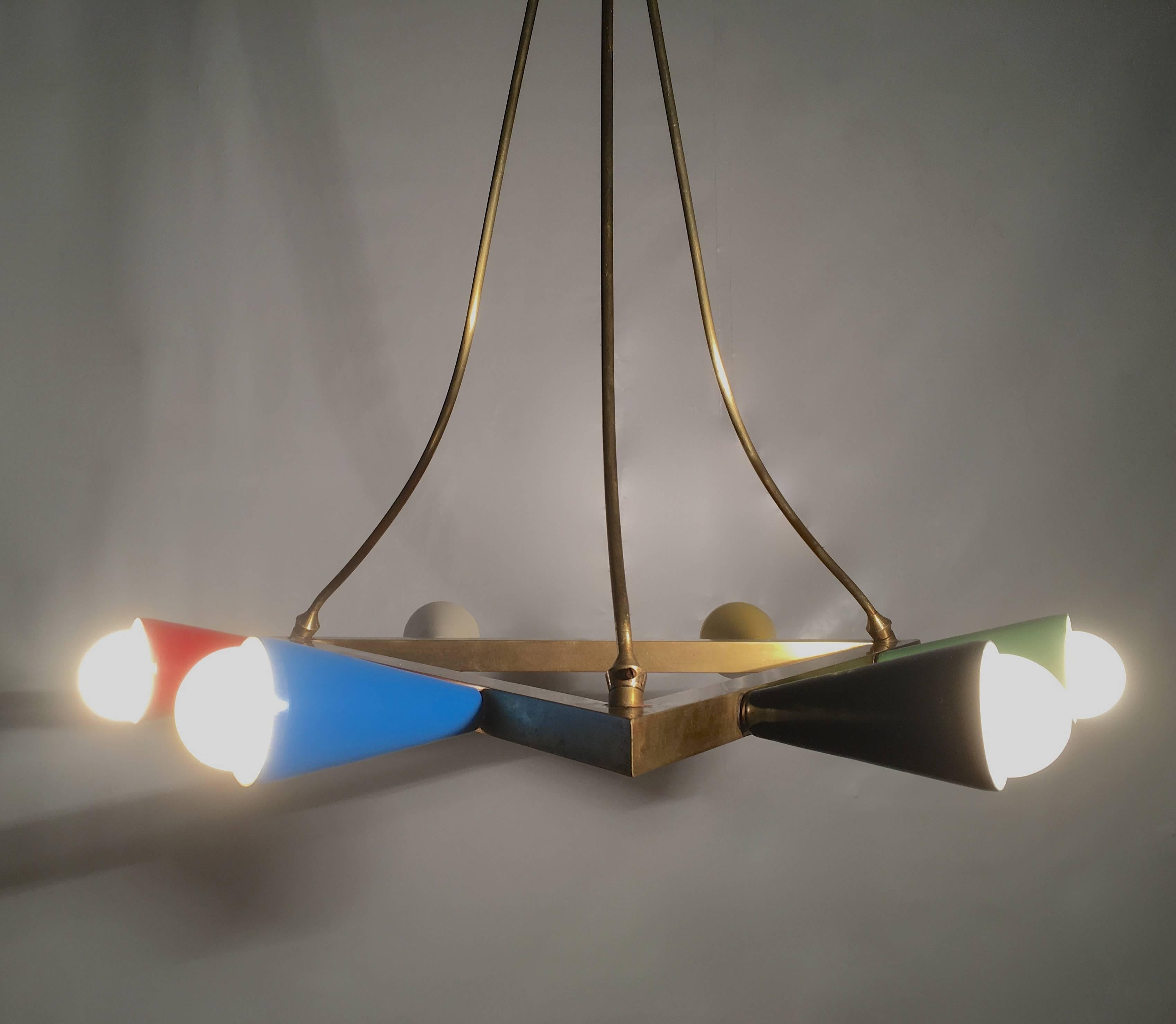 Painted Mid-Century Multicolor Geometric Chandelier  For Sale