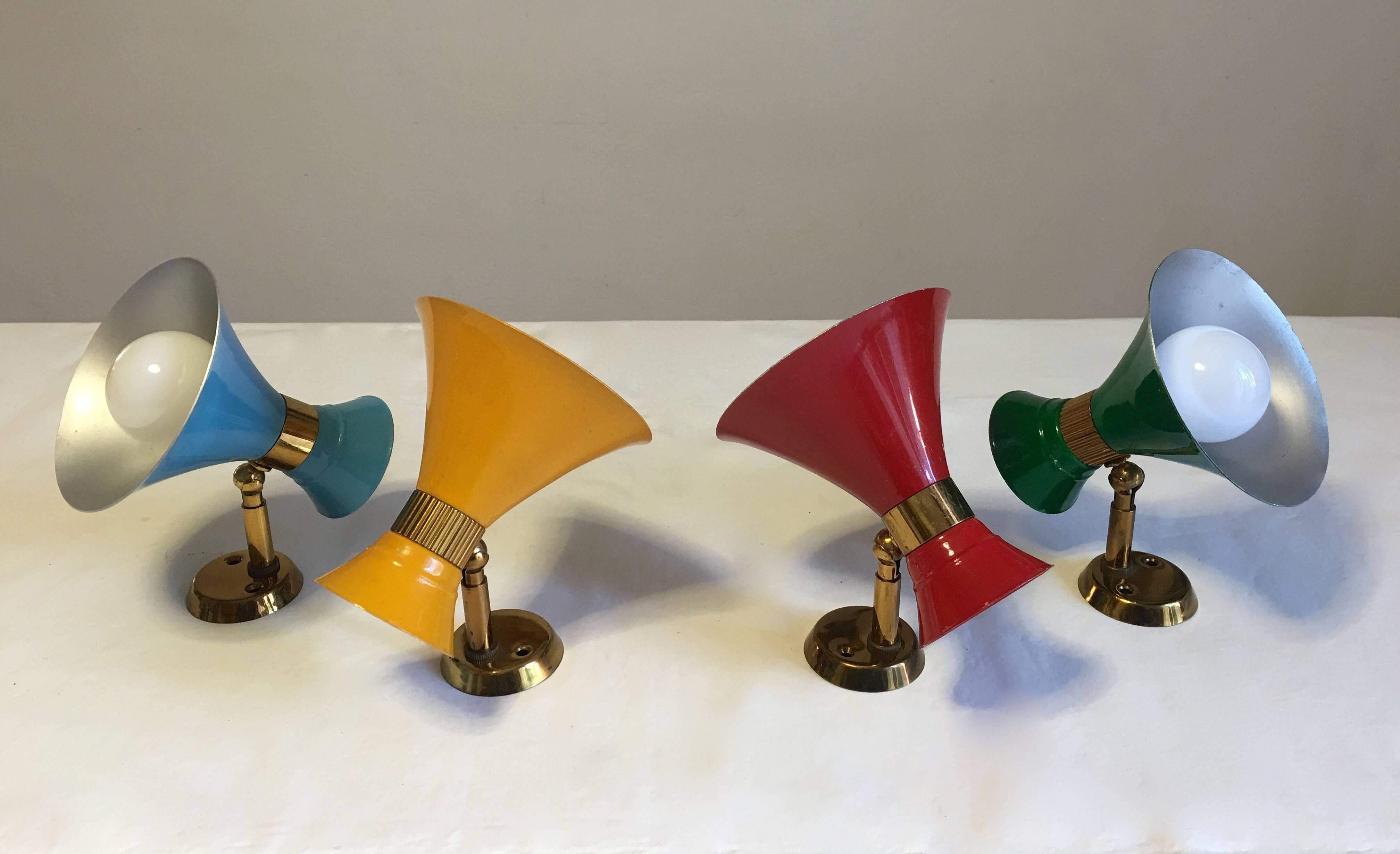 Brass Four Italian Mid-Century Double Cone Sconces For Sale