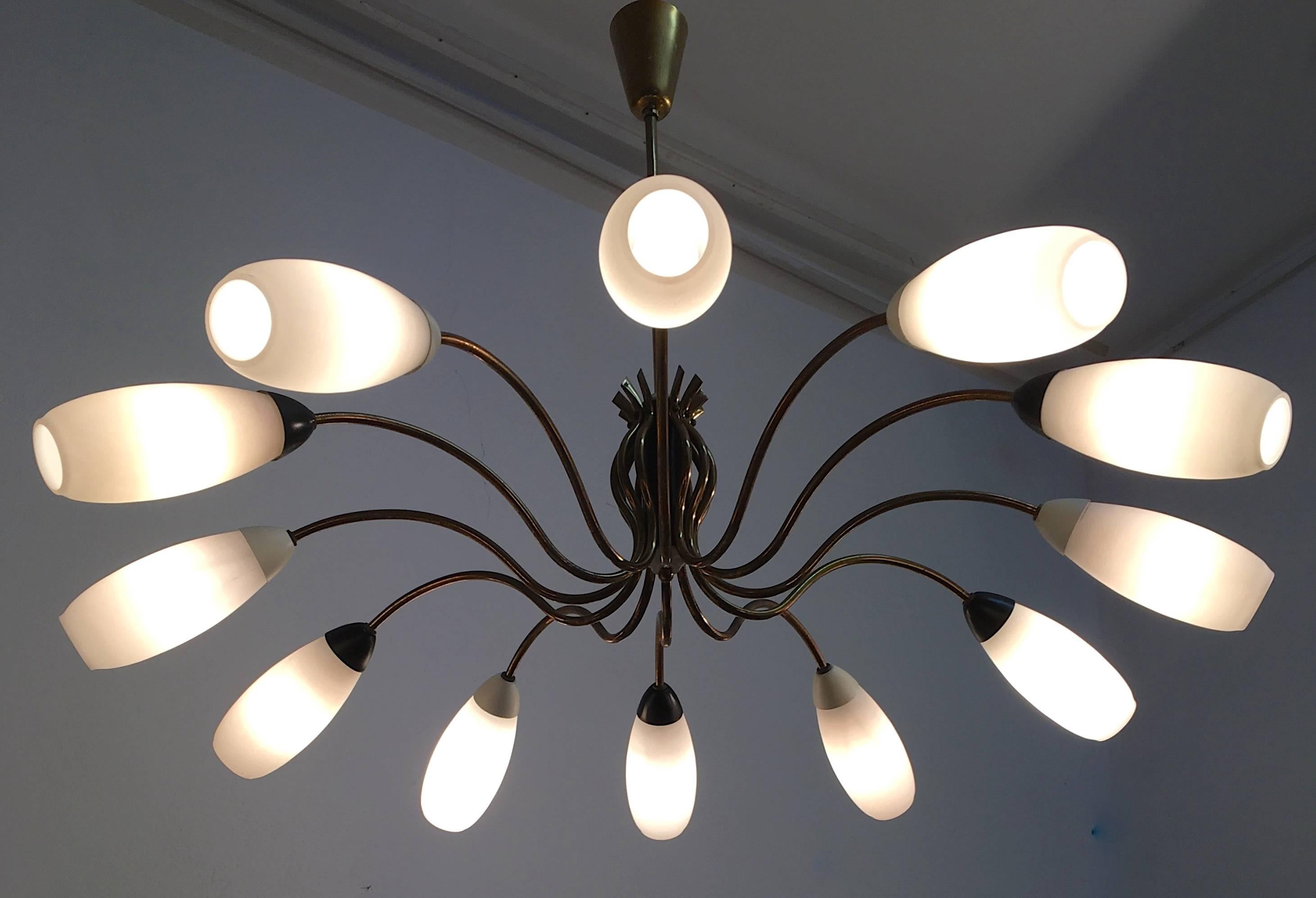 Painted Glass and Brass Mid-Century Italian Sputnik Chandelier For Sale