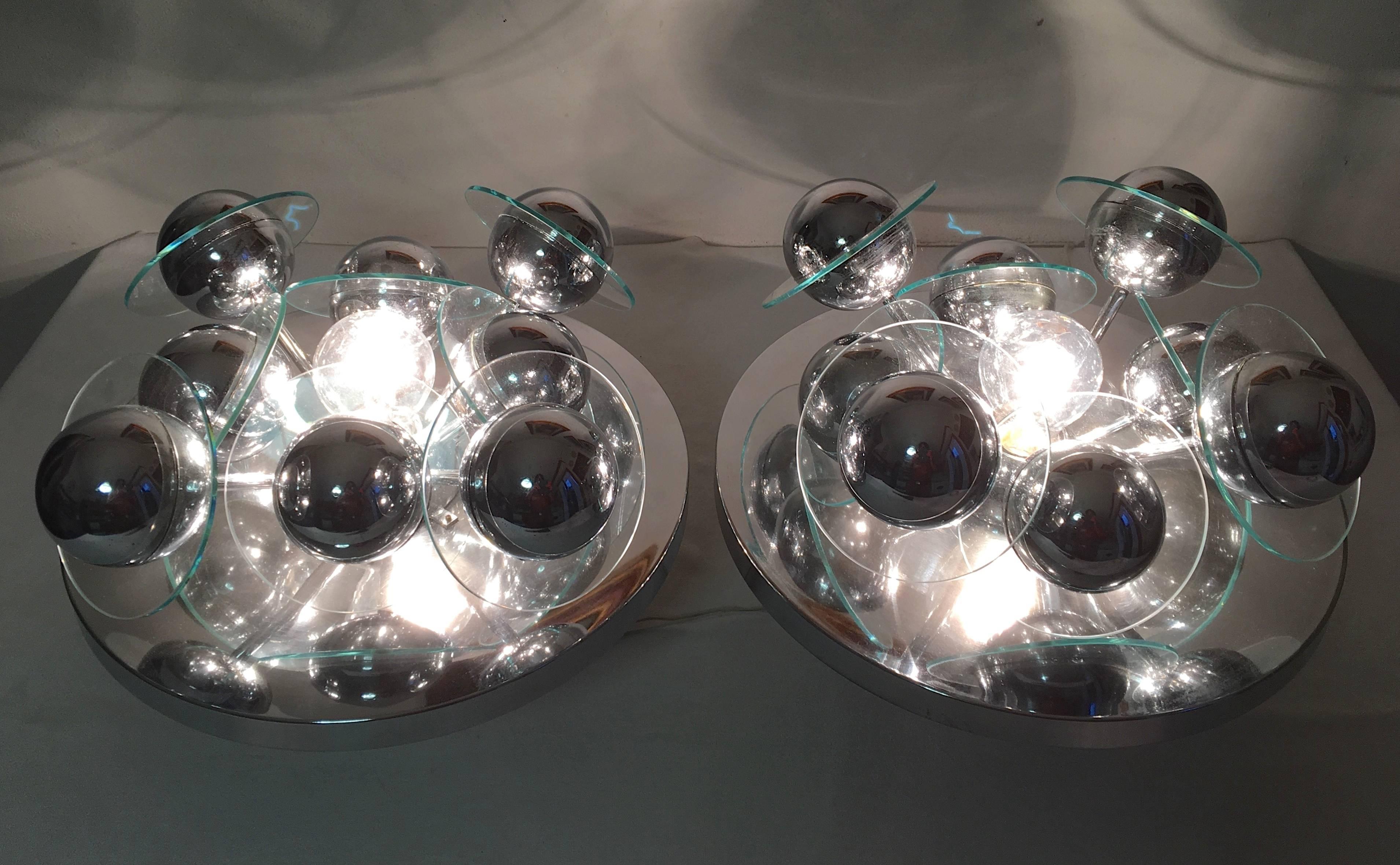 Mid-Century Modern Pair of Italian Silver Coloured Sputnik Wall Lights or Flush Mounts For Sale