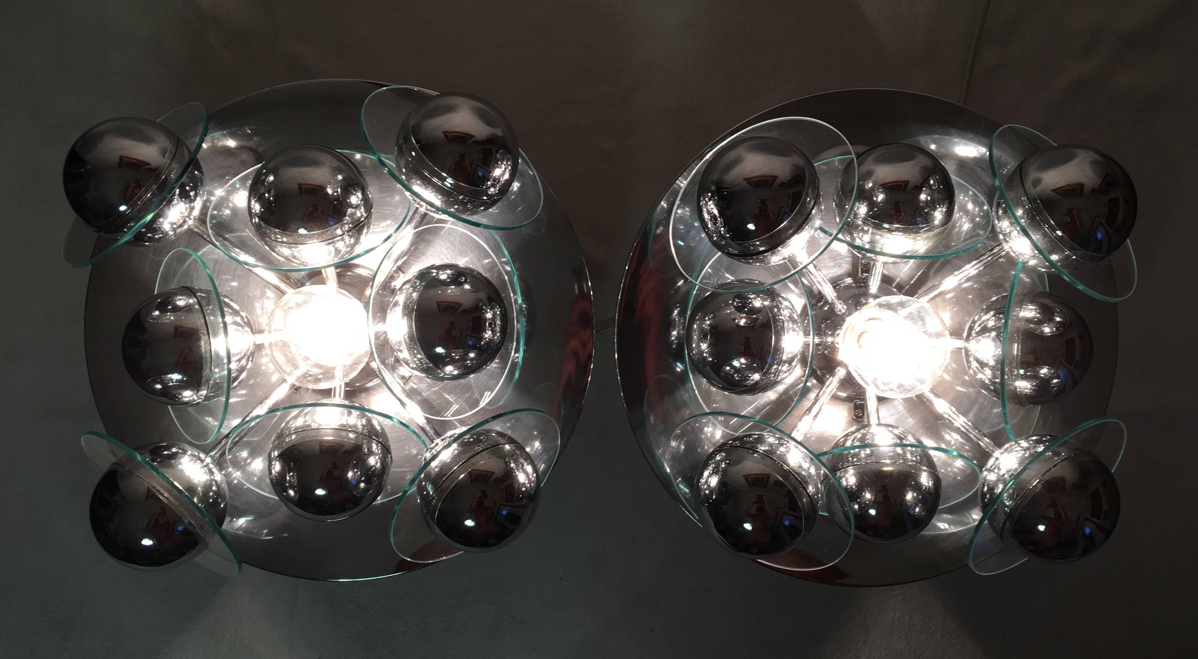 Glass Pair of Italian Silver Coloured Sputnik Wall Lights or Flush Mounts For Sale