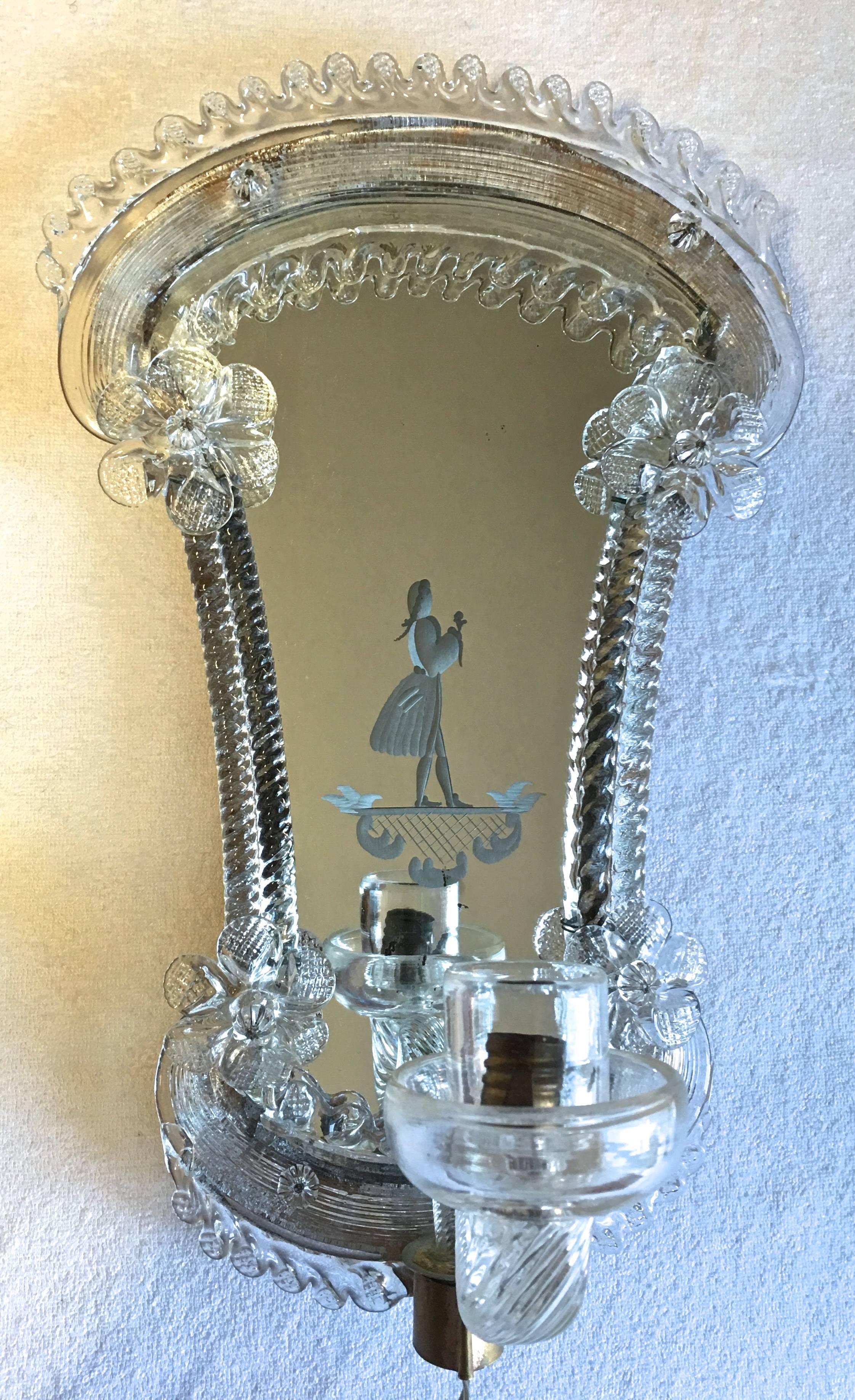 Brass Pair of Classic Venetian Glass Wall Lights For Sale