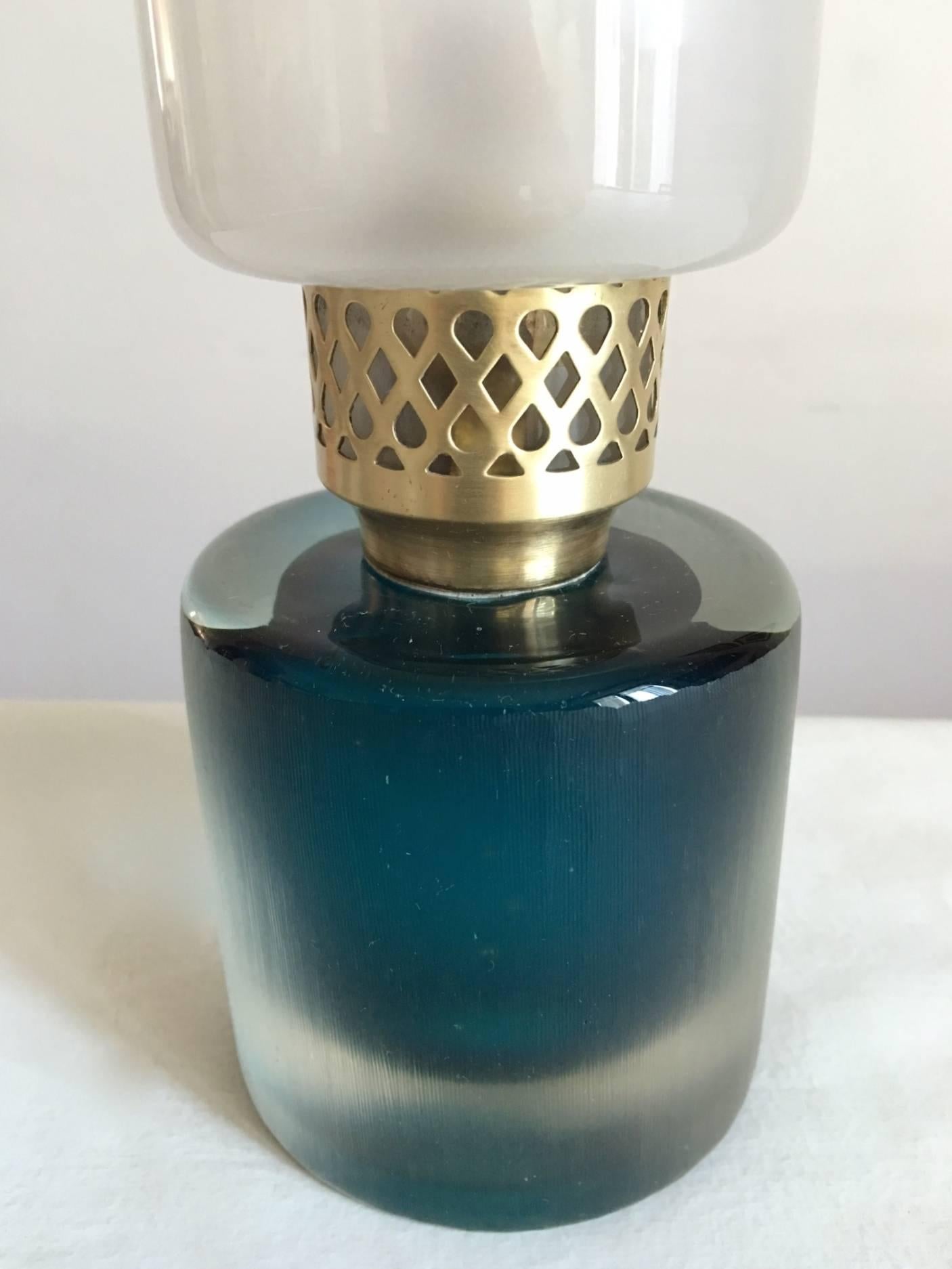 Brass Cobalt Blue Venini Inciso Table Lamp For Sale