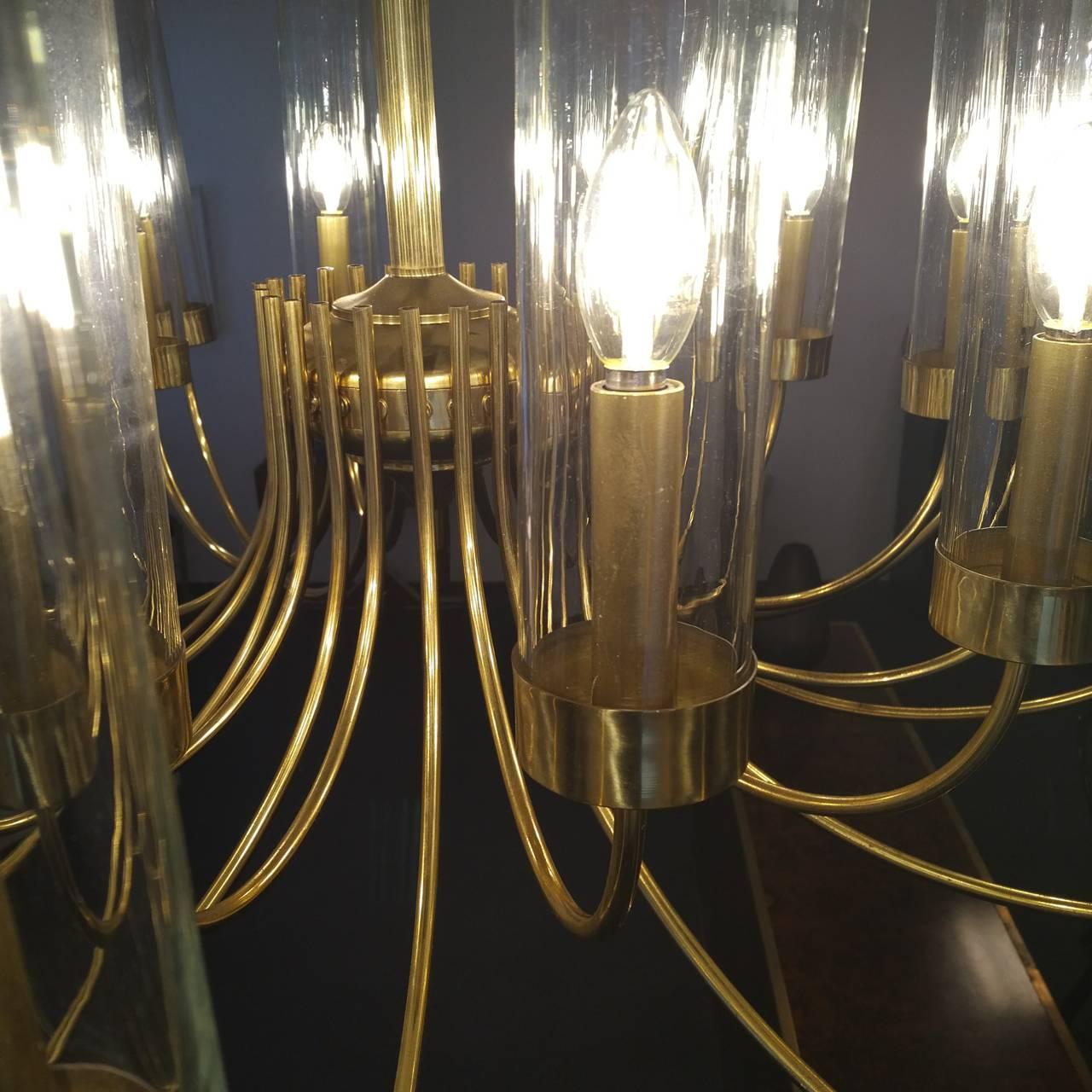 Mid-Century Modern Spectacular 24 Arm Brass and Glass Chandelier For Sale