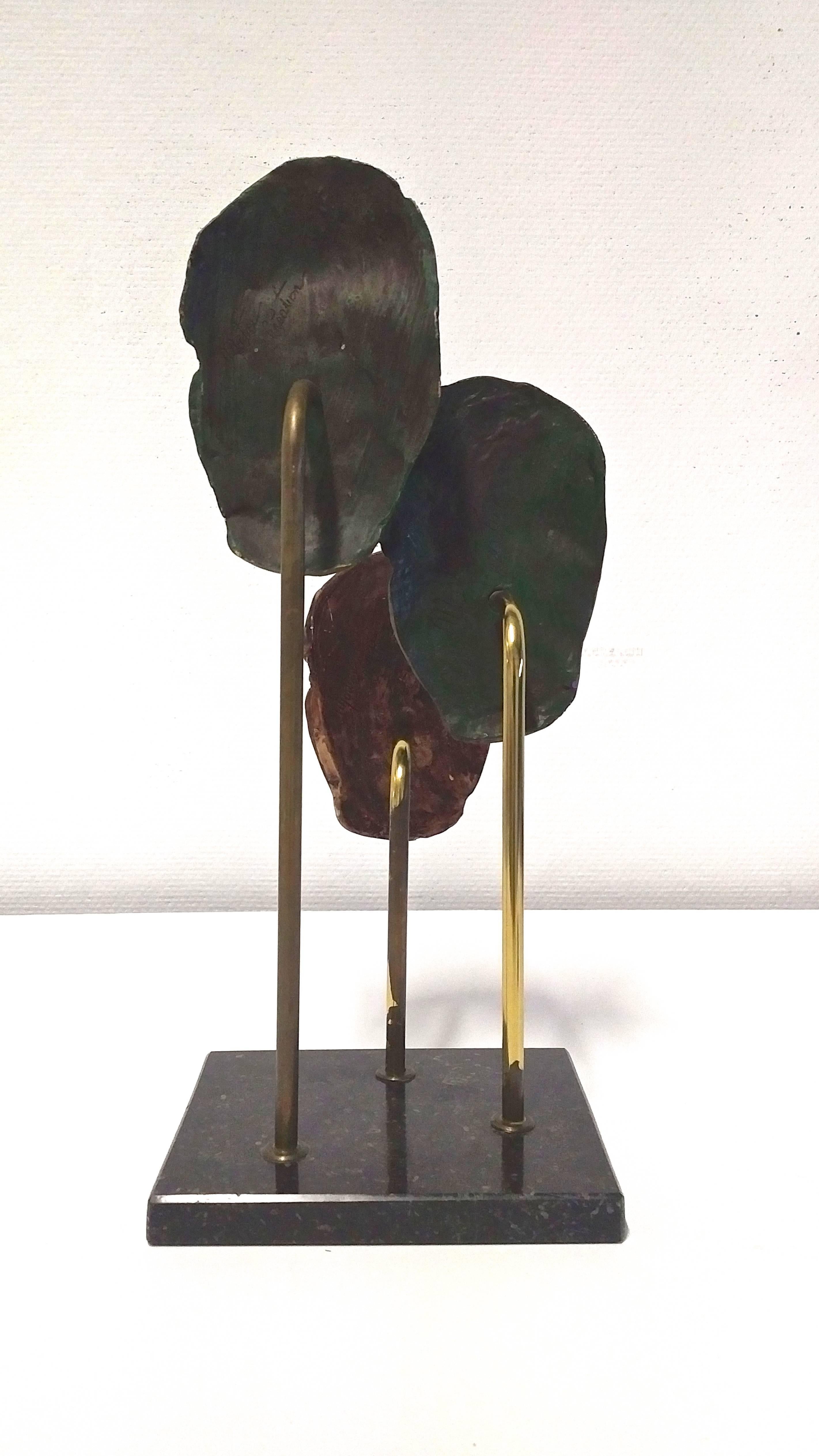 Mid-20th Century Bronze and Brass Sculpture with Three Faces on Marble Base