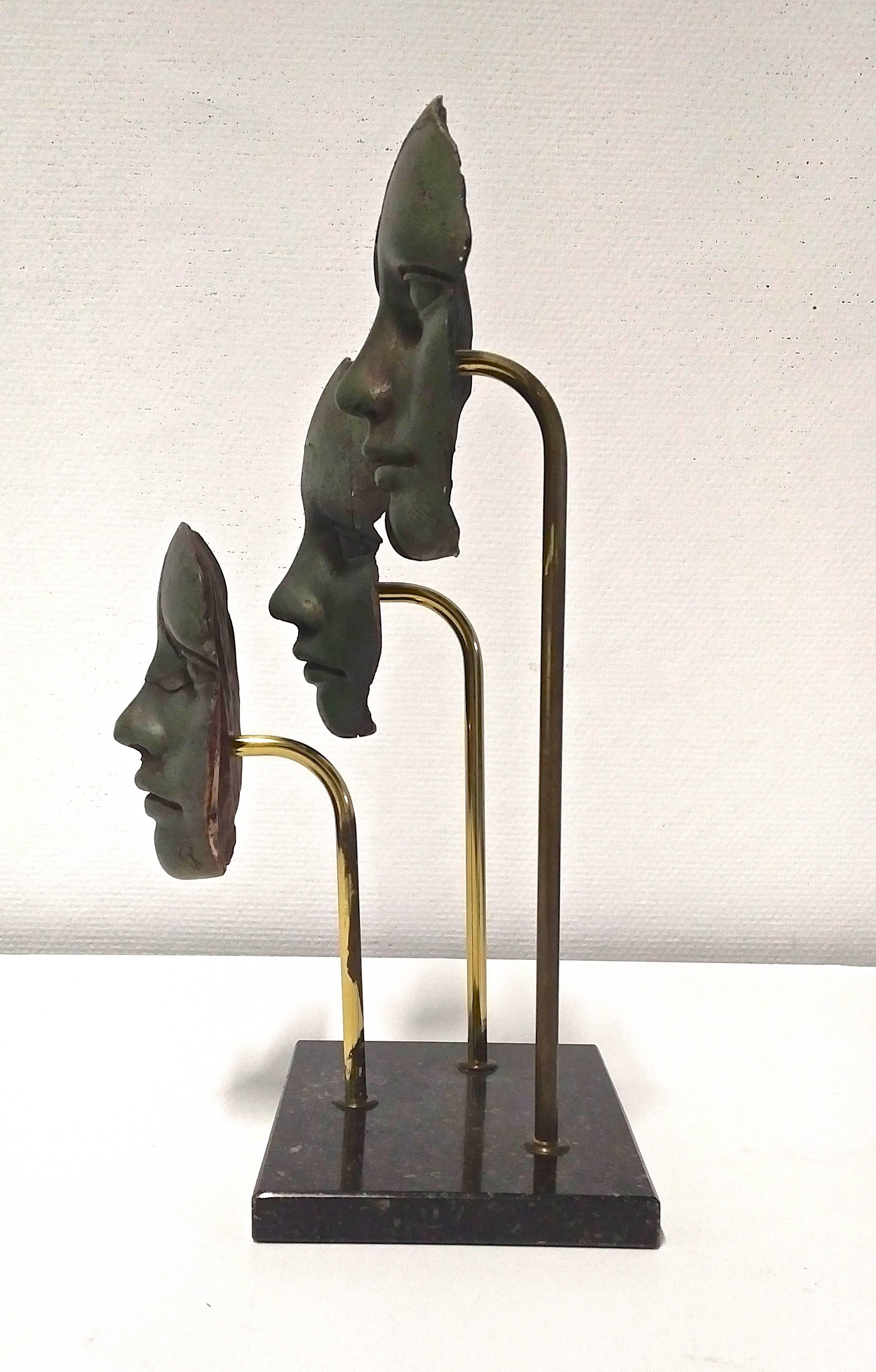 Belgian Bronze and Brass Sculpture with Three Faces on Marble Base