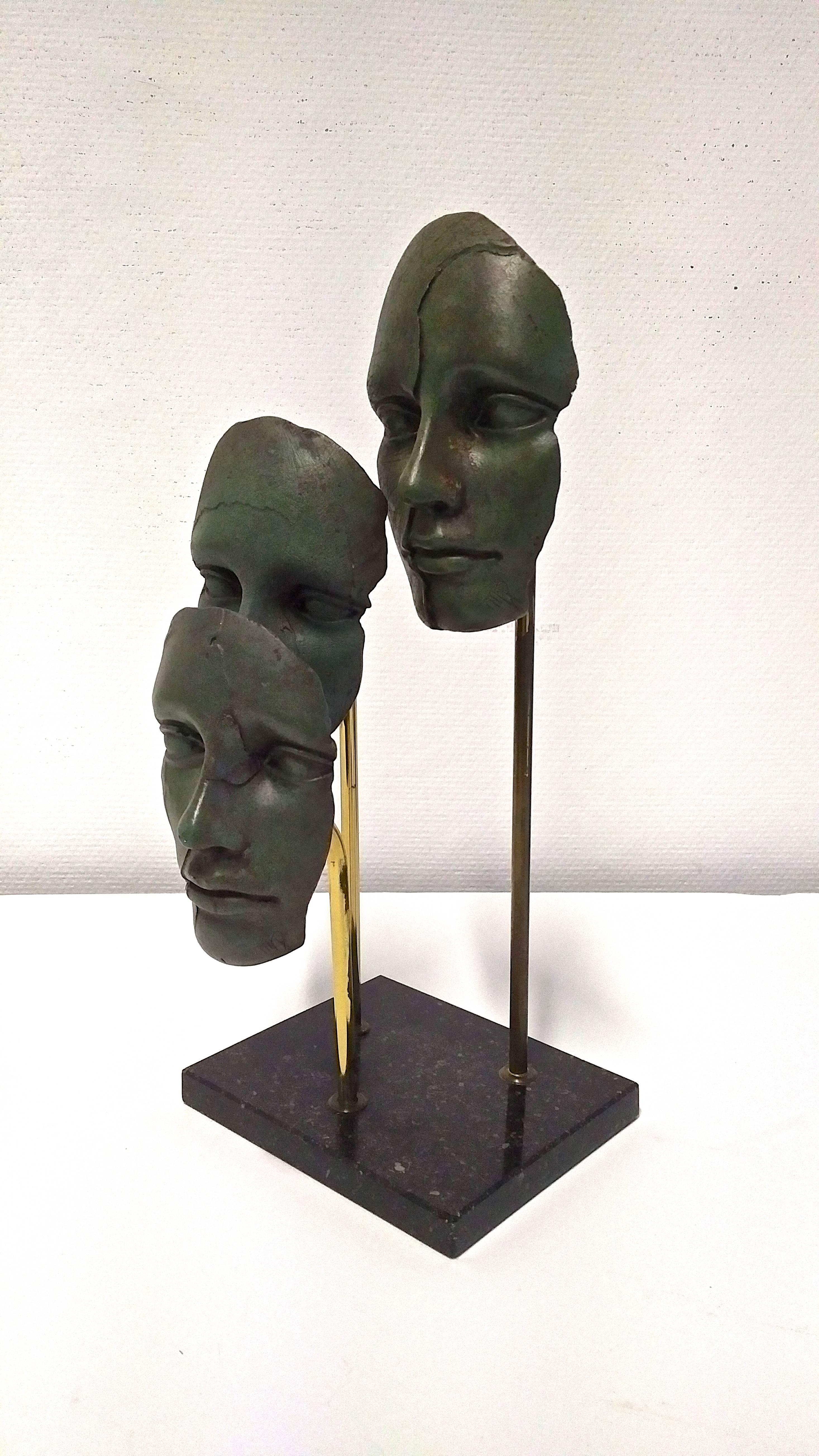 Bronze and Brass Sculpture with Three Faces on Marble Base In Excellent Condition In Hem, NL