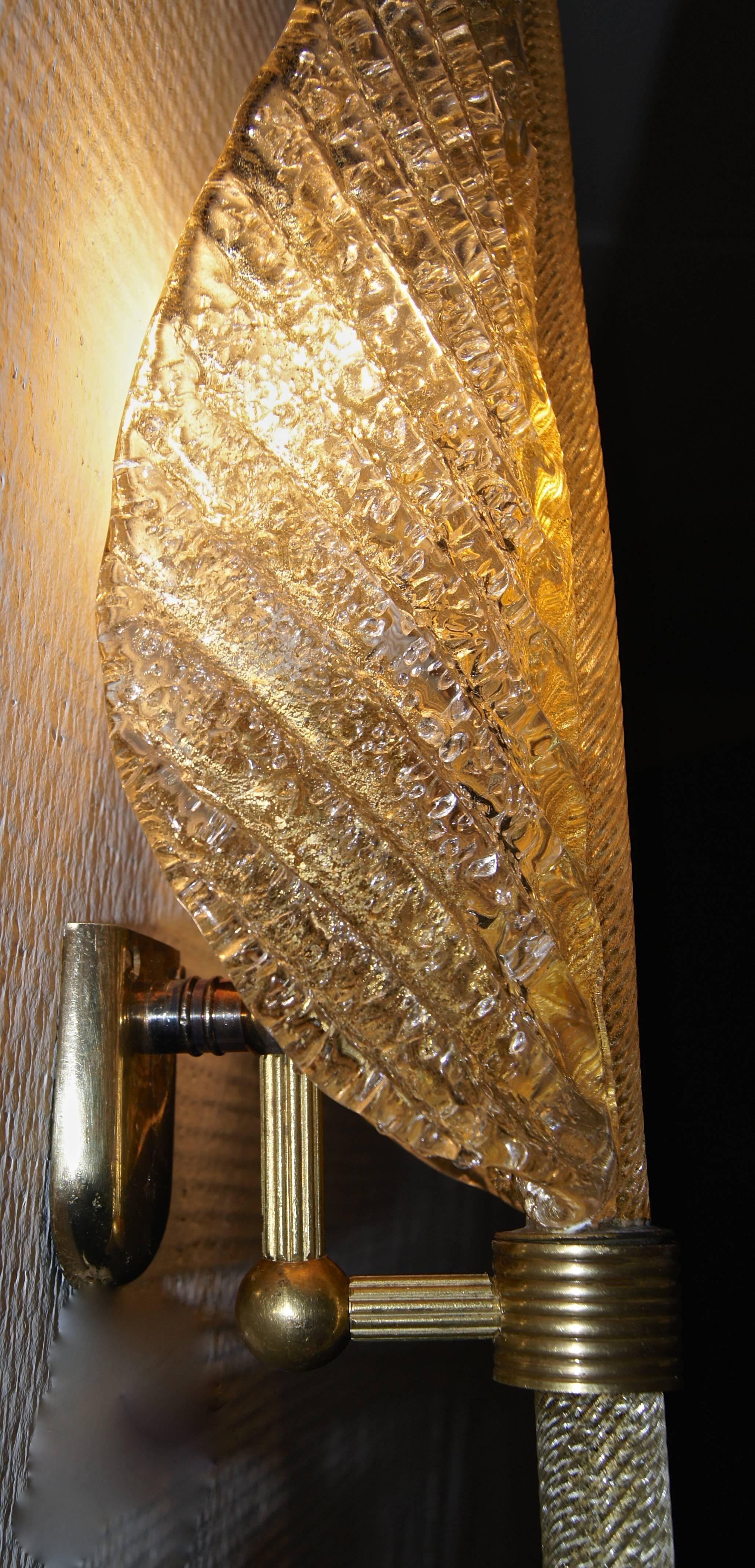Italian Seguso Gold Infused Glass Leaf Wall Sconce