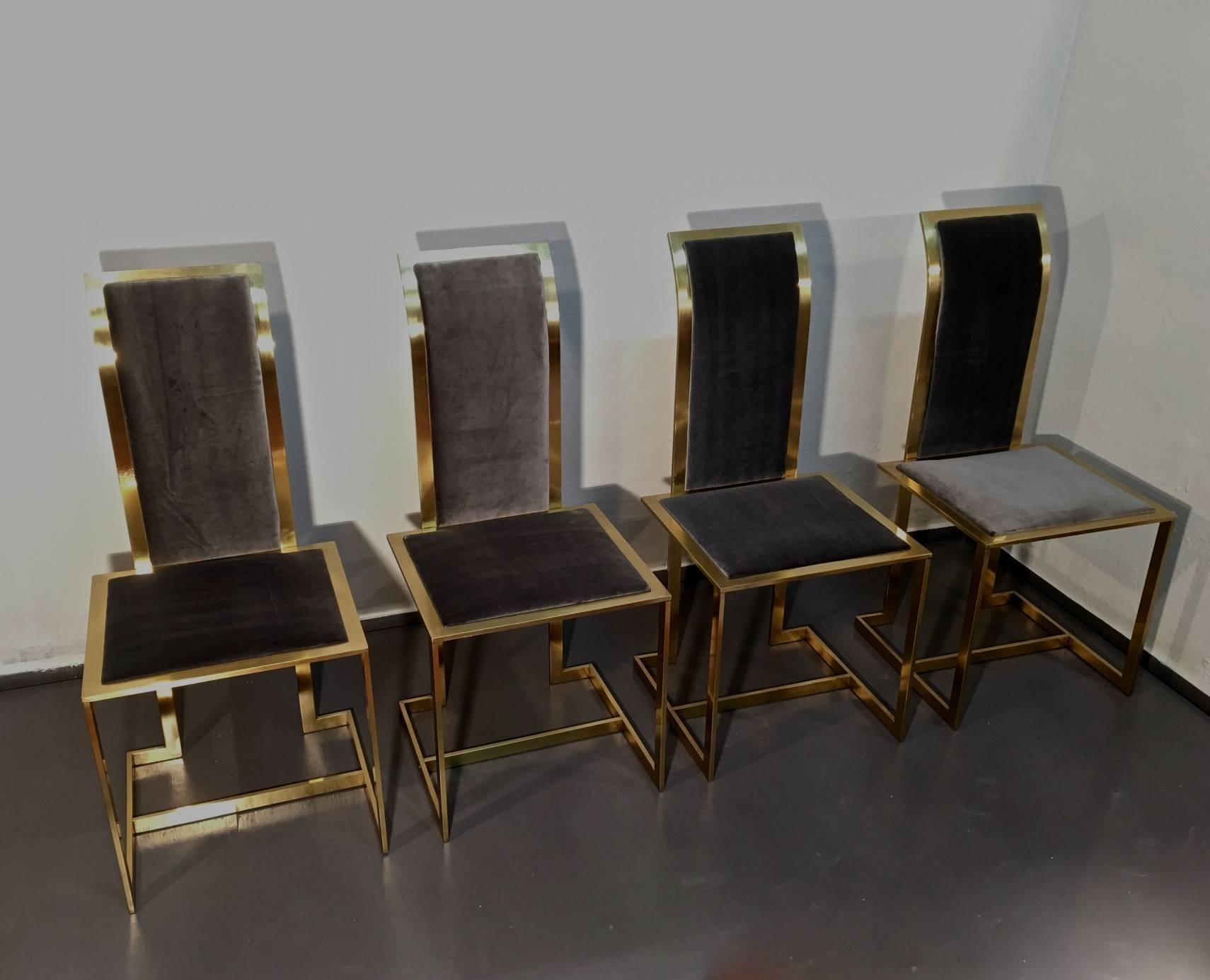 Hollywood Regency Set of 4 Romeo Rega Italian Brass and Velvet Dining Chairs