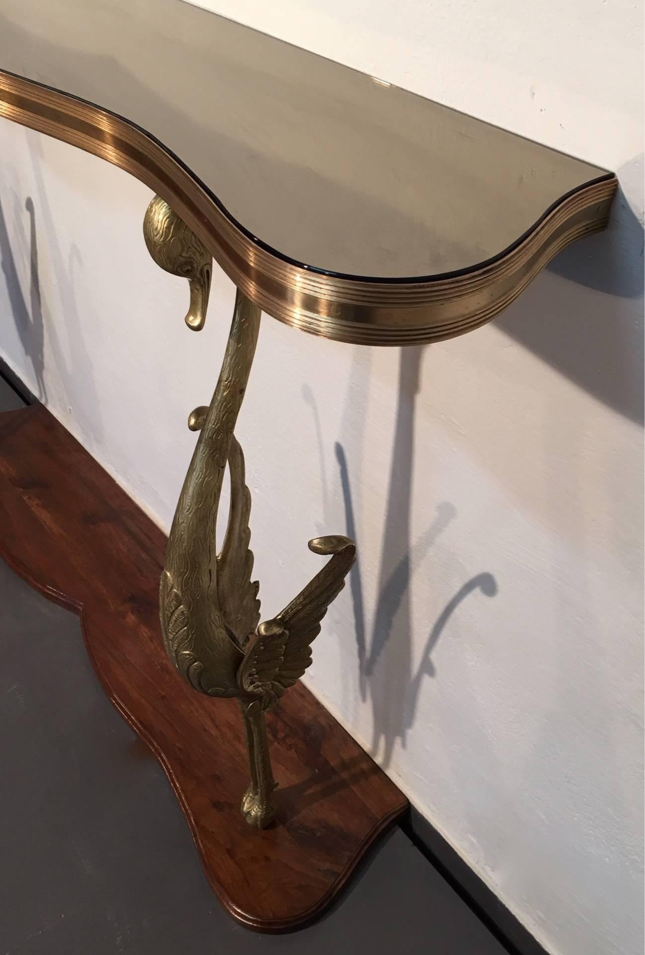 Mid-Century Modern Sculptural Italian Console with Bronze Swans on Wooden Base For Sale