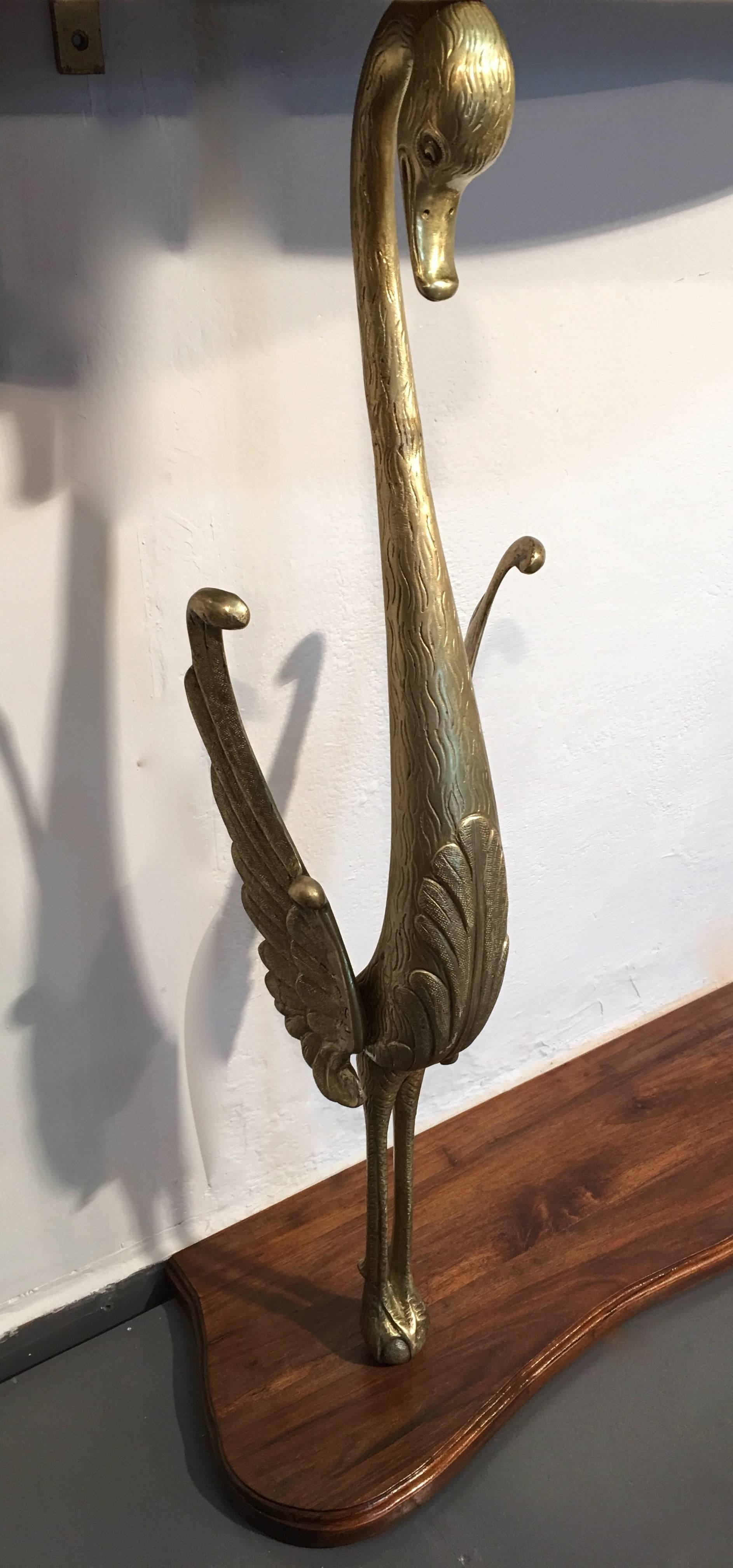 Brass Sculptural Italian Console with Bronze Swans on Wooden Base For Sale