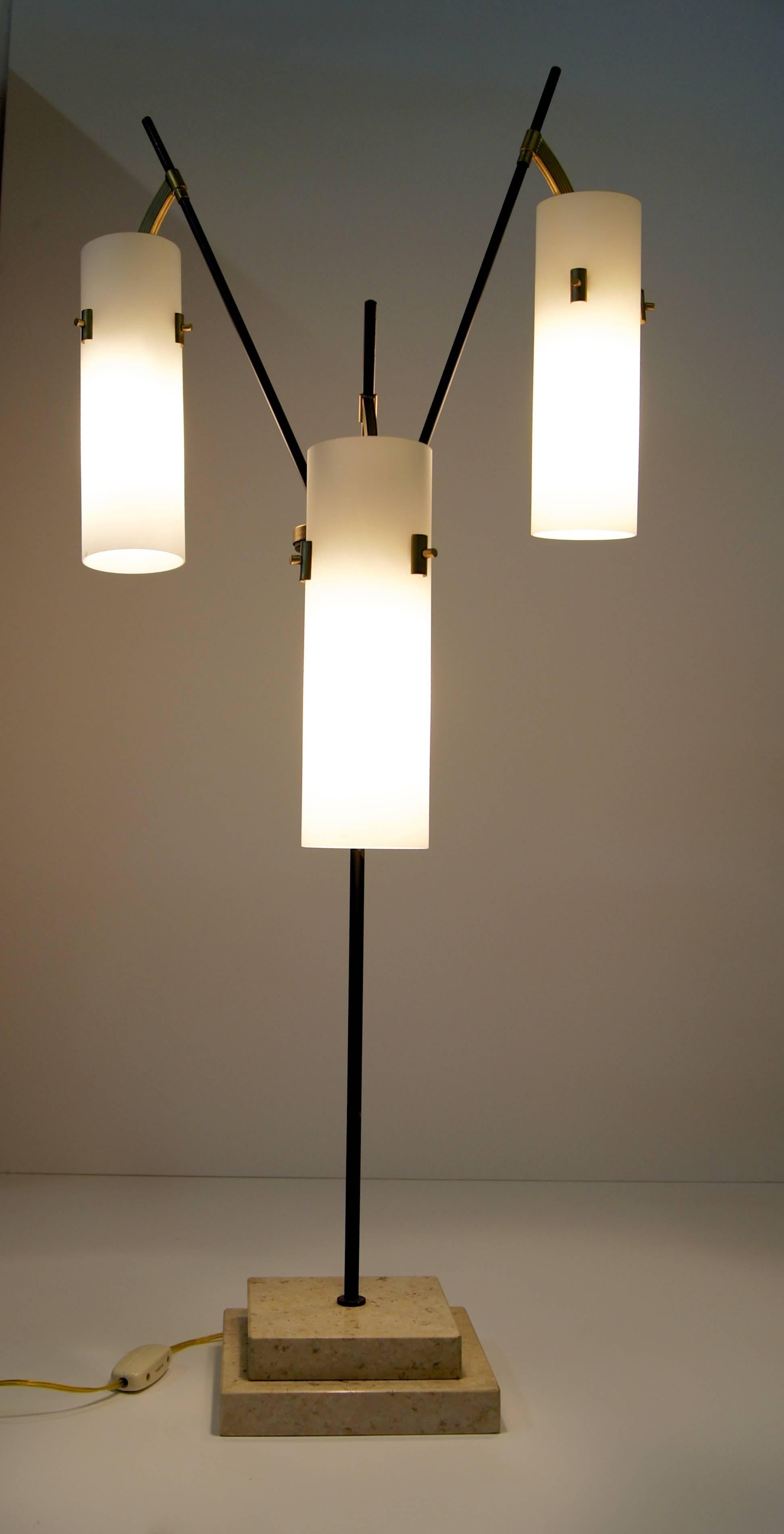 Mid-Century Modern Three-Arm Table Lamp with Opaline Shades For Sale