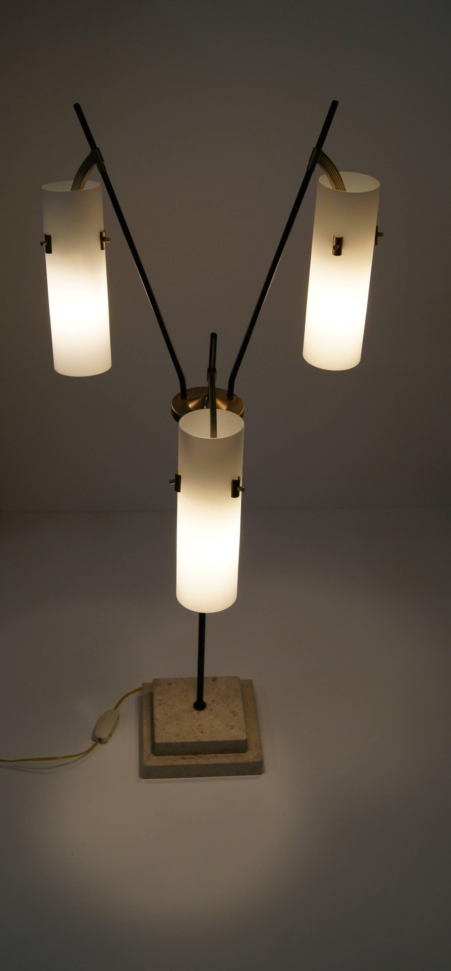 Italian Three-Arm Table Lamp with Opaline Shades For Sale