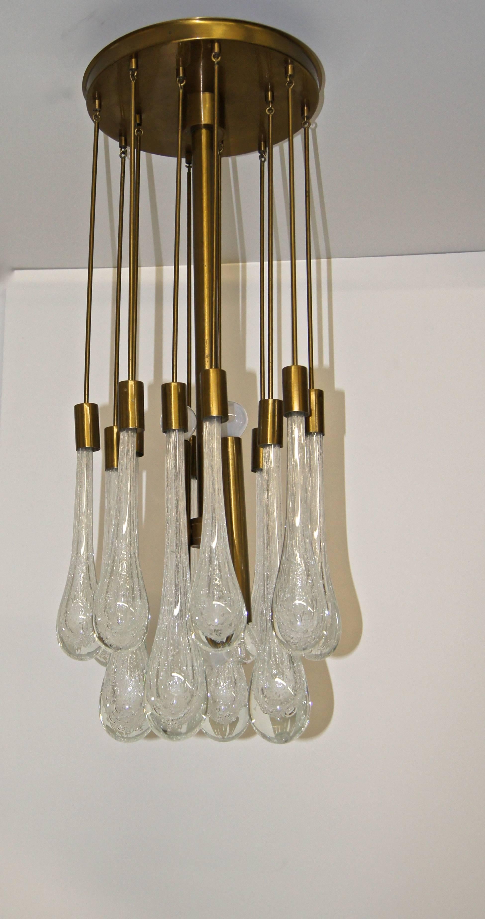 Mid-Century Modern Brass and Controlled Bubble Glass Teardrop Flush Mount Chandelier For Sale