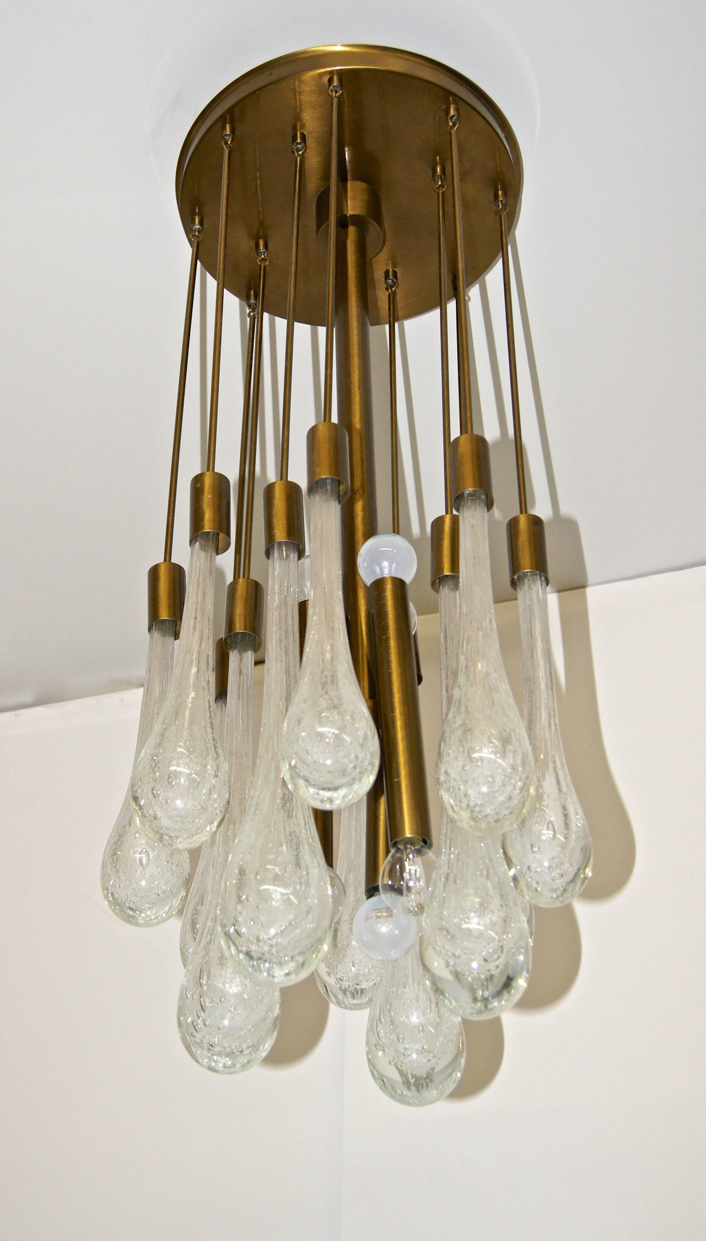 Brass and Controlled Bubble Glass Teardrop Flush Mount Chandelier In Good Condition For Sale In Hem, NL