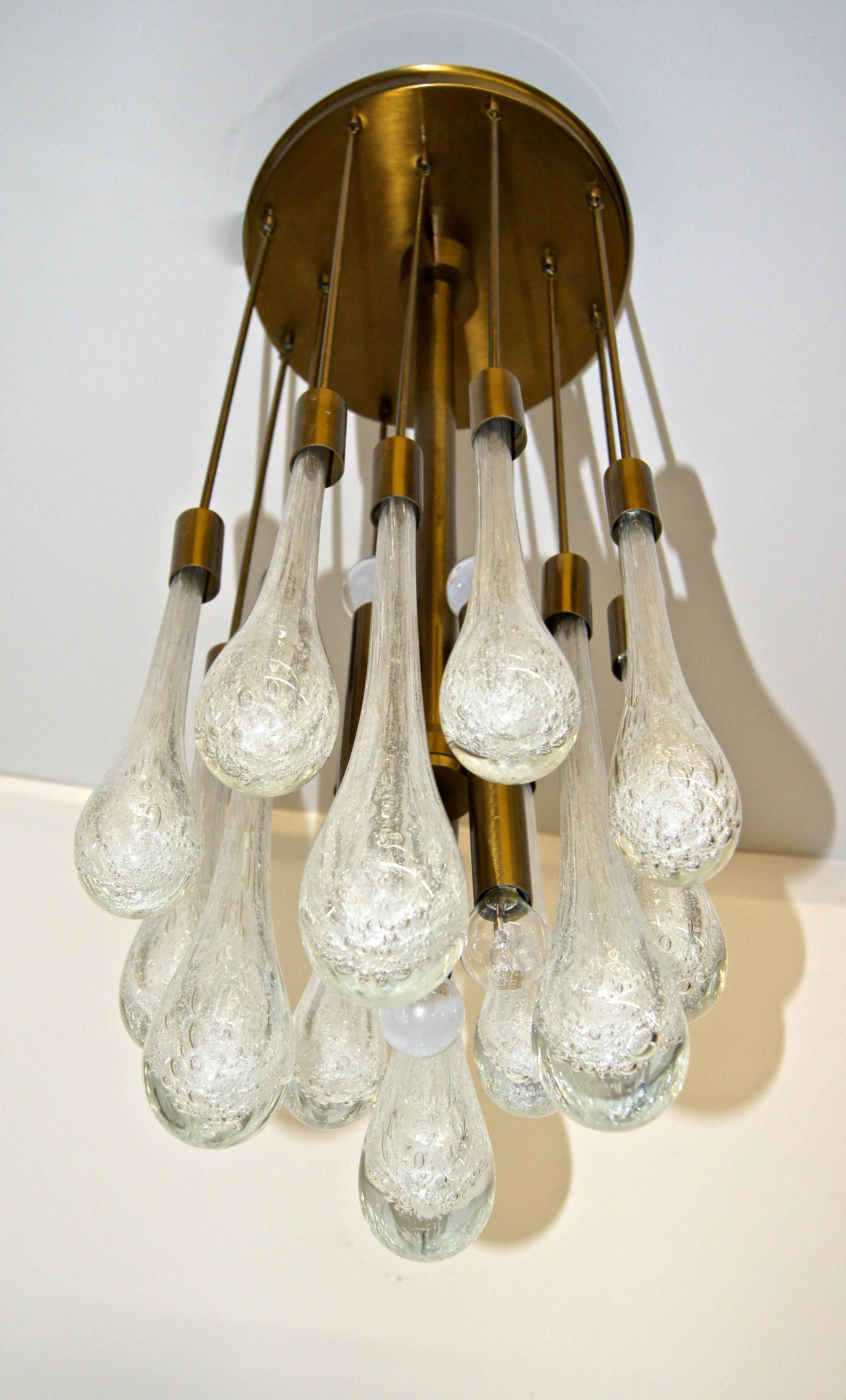 Italian Brass and Controlled Bubble Glass Teardrop Flush Mount Chandelier For Sale
