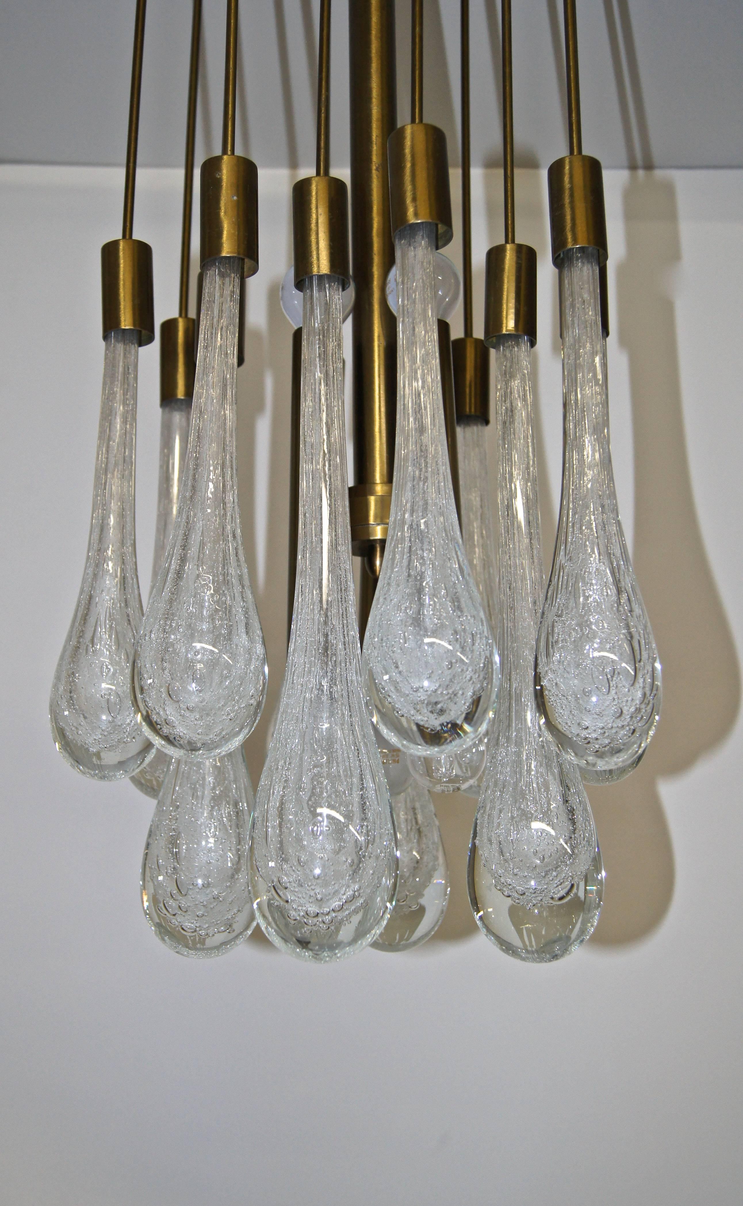 20th Century Brass and Controlled Bubble Glass Teardrop Flush Mount Chandelier For Sale