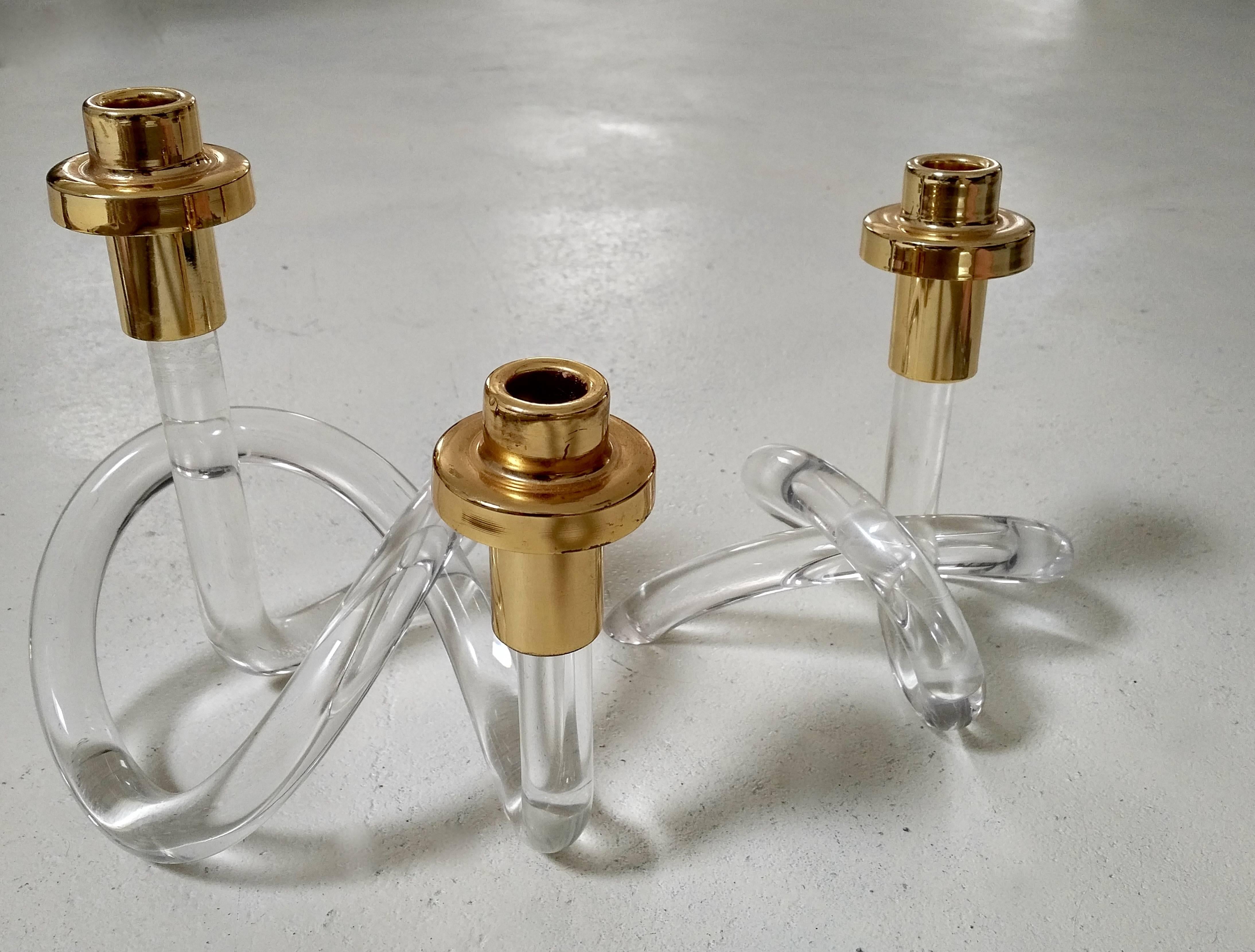 Mid-Century Modern Pair of Gold and Lucite Dorothy Thorpe Pretzel Candleholders