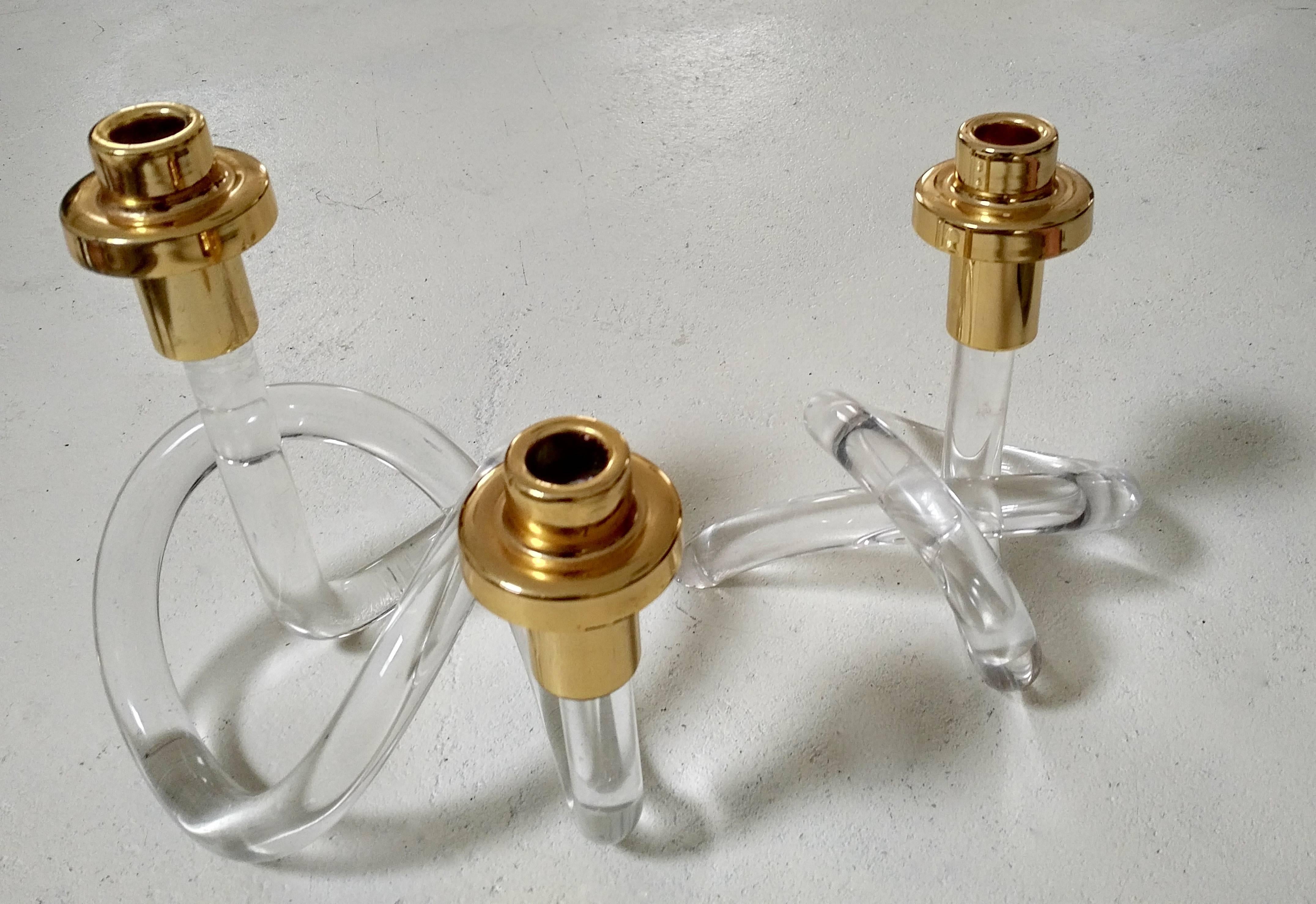 American Pair of Gold and Lucite Dorothy Thorpe Pretzel Candleholders