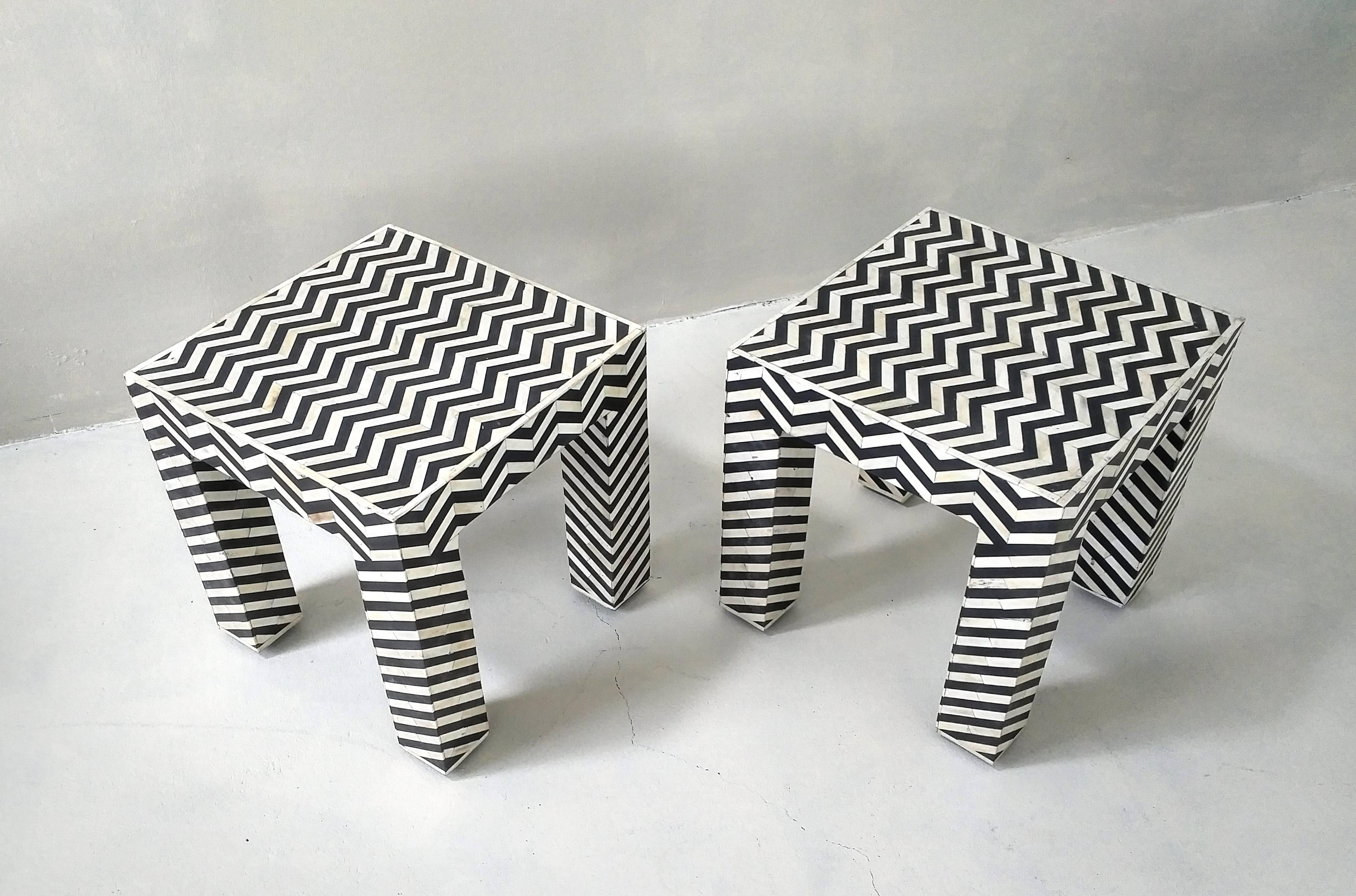 Post-Modern Geometric Patterned Black and White Bone Inlay Side Tables