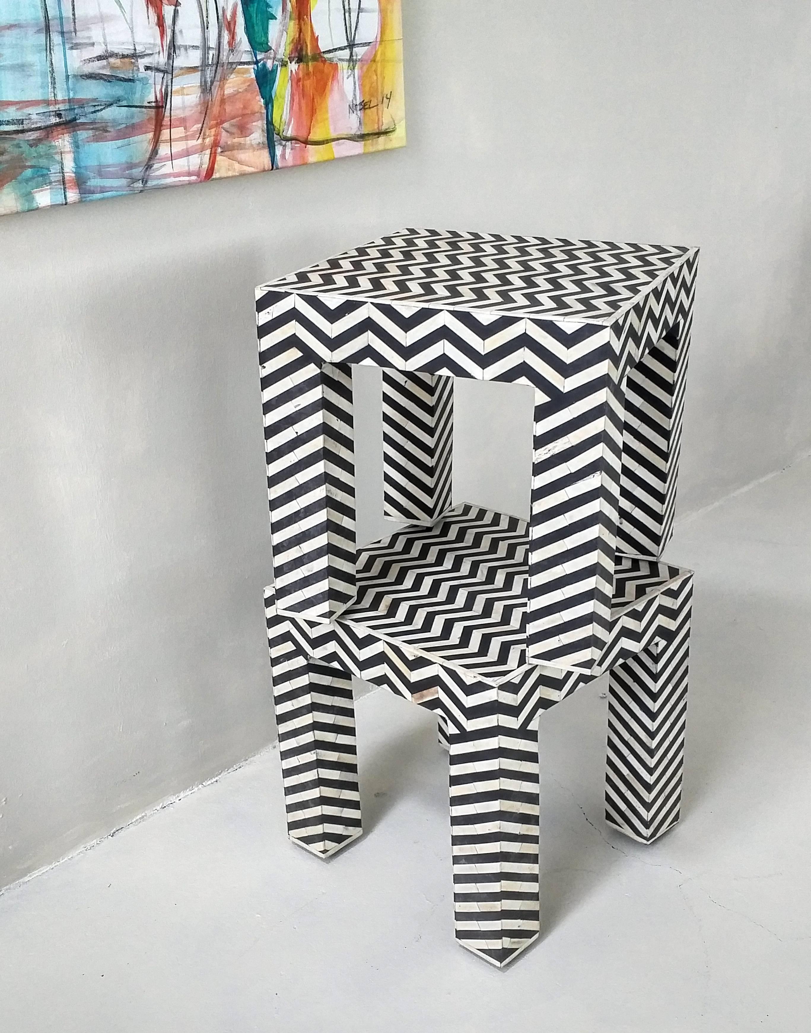 Geometric Patterned Black and White Bone Inlay Side Tables In Excellent Condition In Hem, NL
