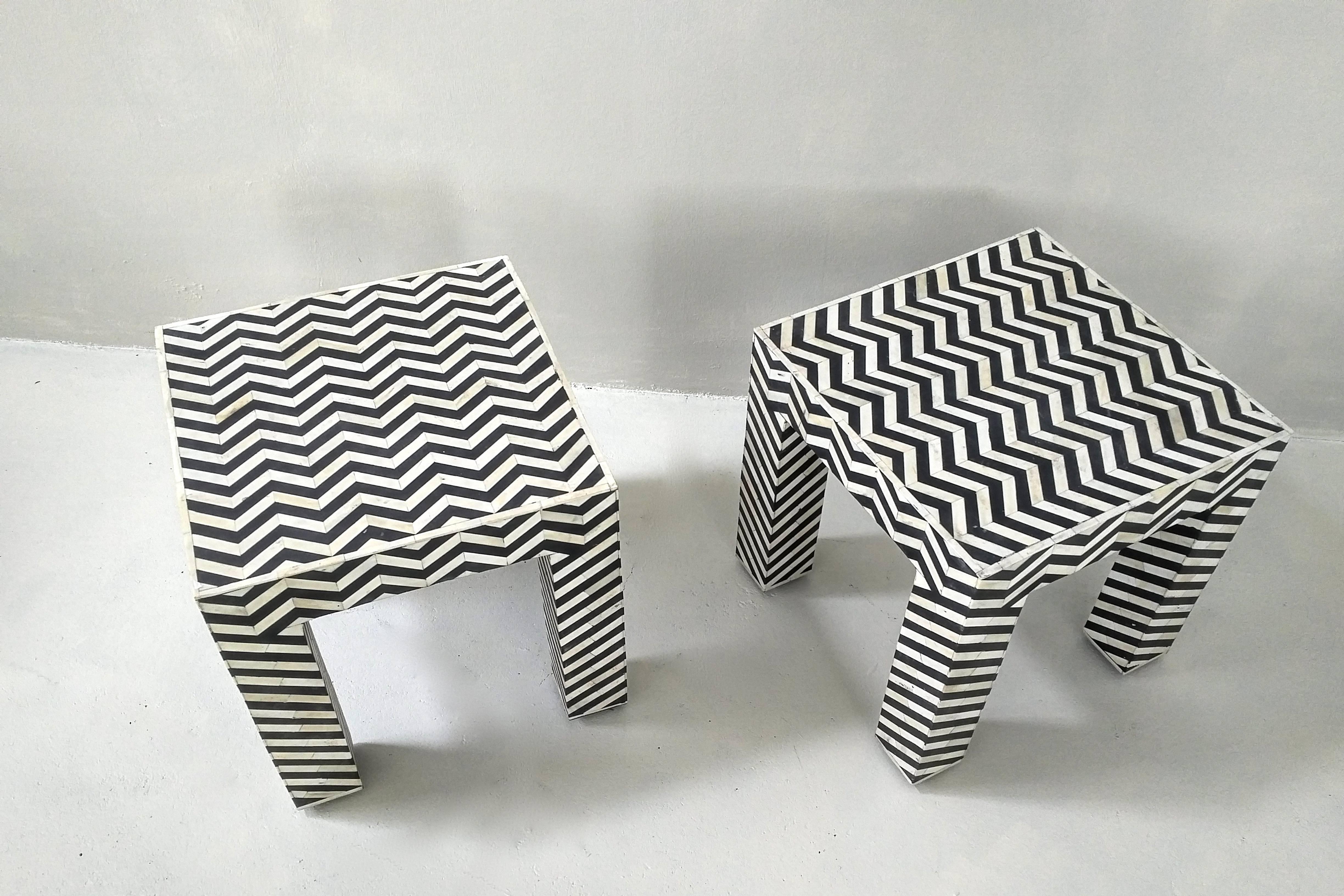 20th Century Geometric Patterned Black and White Bone Inlay Side Tables