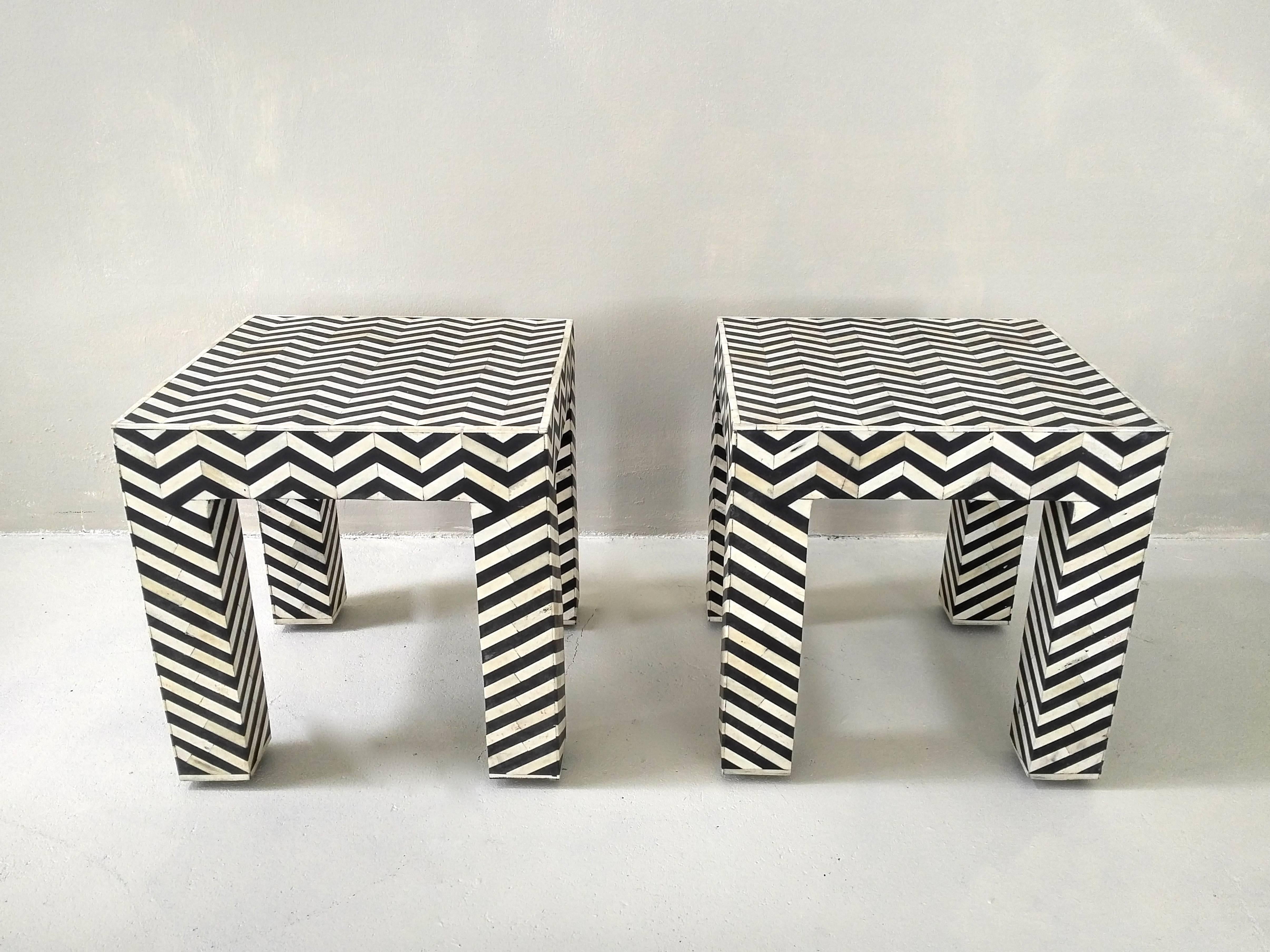 European Geometric Patterned Black and White Bone Inlay Side Tables