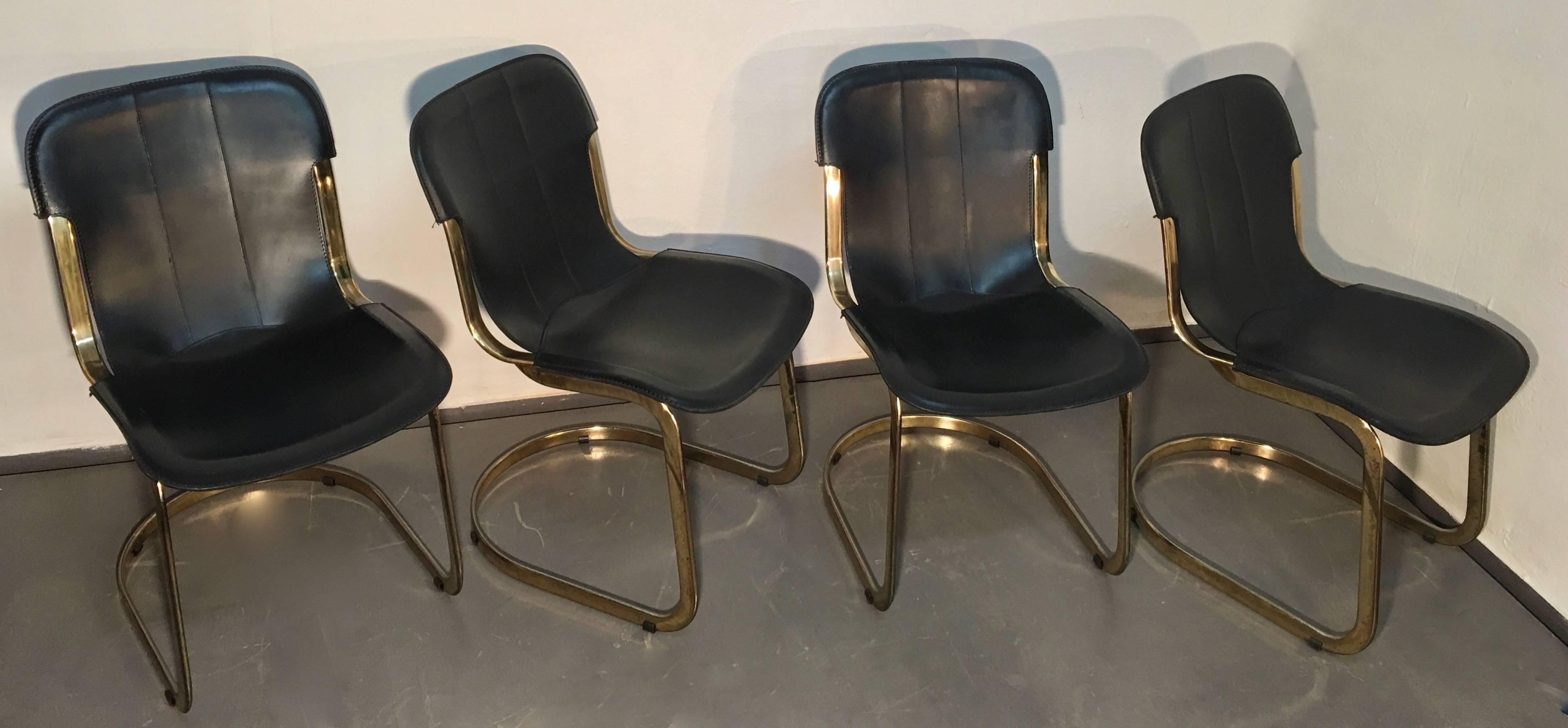 Set of four dining chairs by Willy Rizzo for Cidue, Italy, circa 1970.
Brass frame with the original high quality black leather upholstering.
Very good condition.
