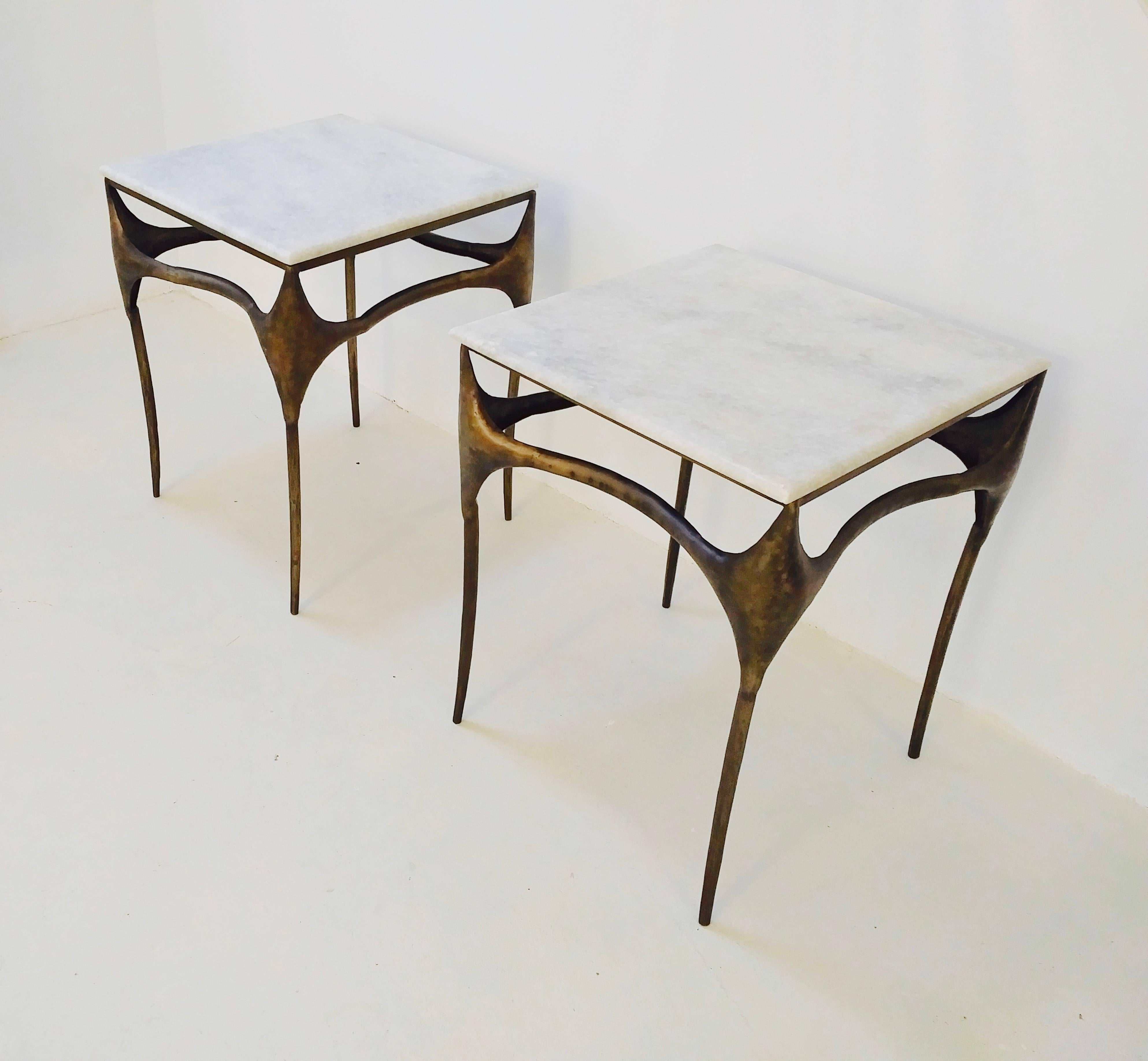 Organic Modern Pair of Organic Bronzed and Marble Side Tables For Sale