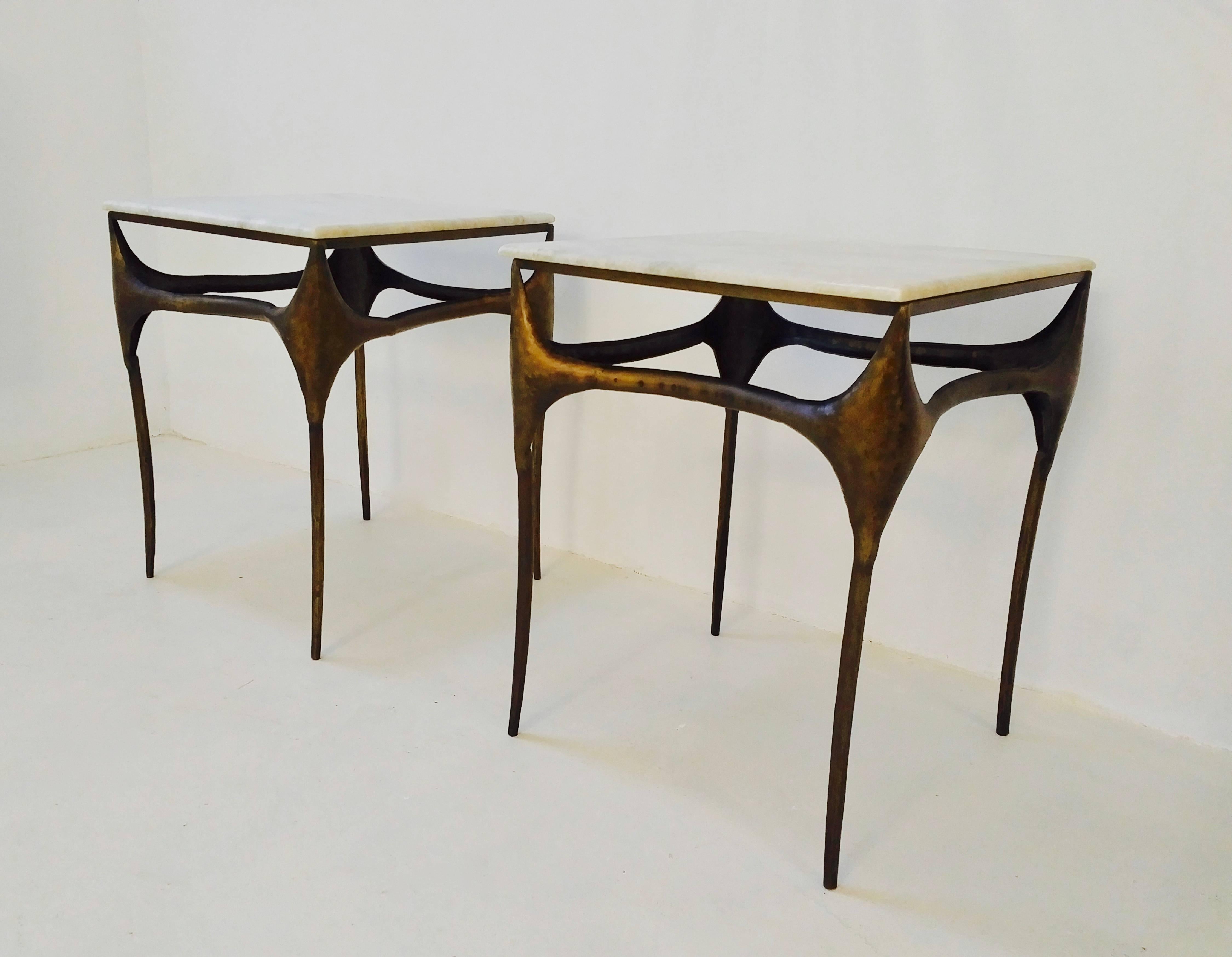 French Pair of Organic Bronzed and Marble Side Tables For Sale