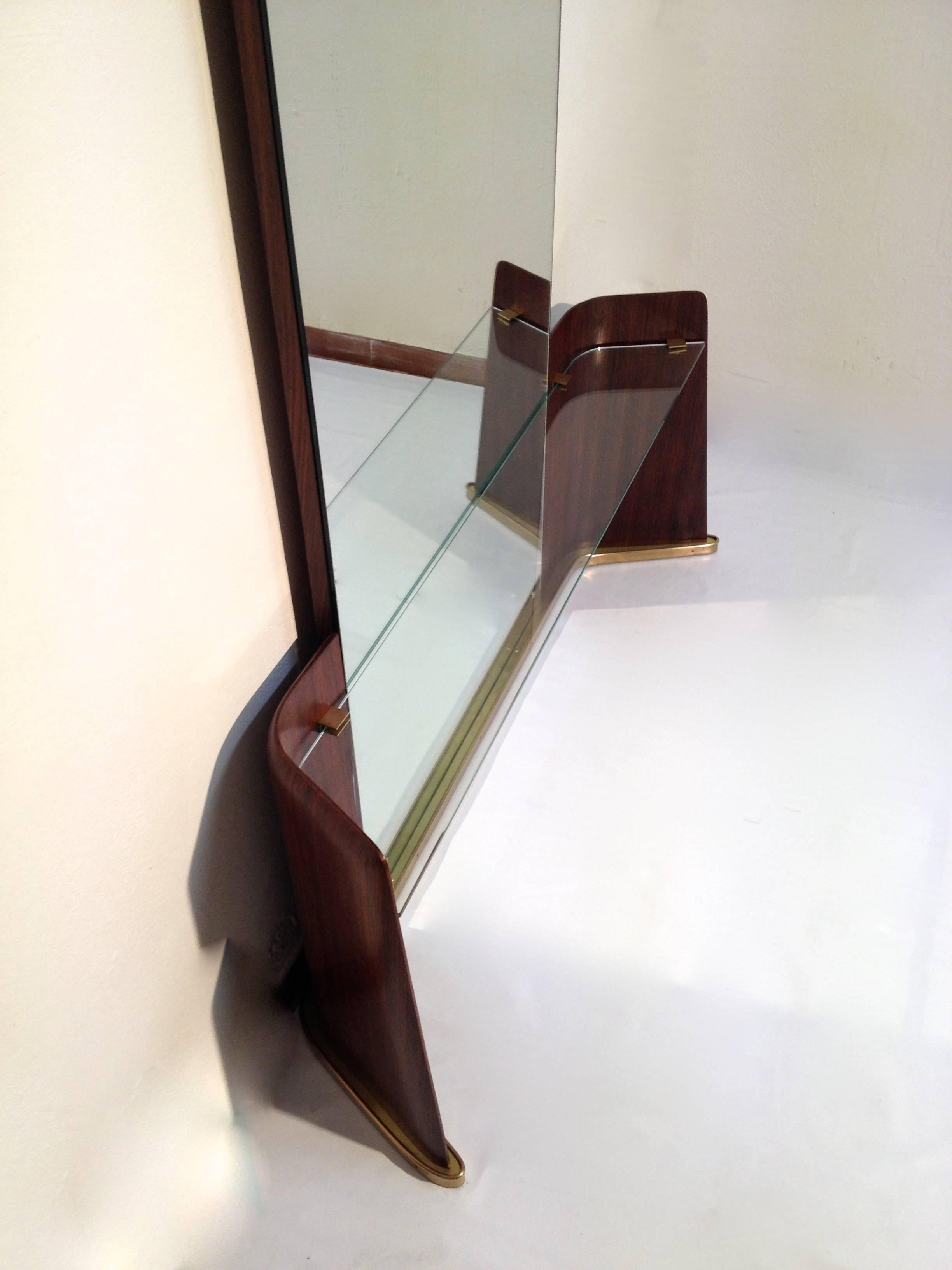 Mid-Century Modern  Brass and Rosewood Mirror and Console by Saffa, Italy For Sale