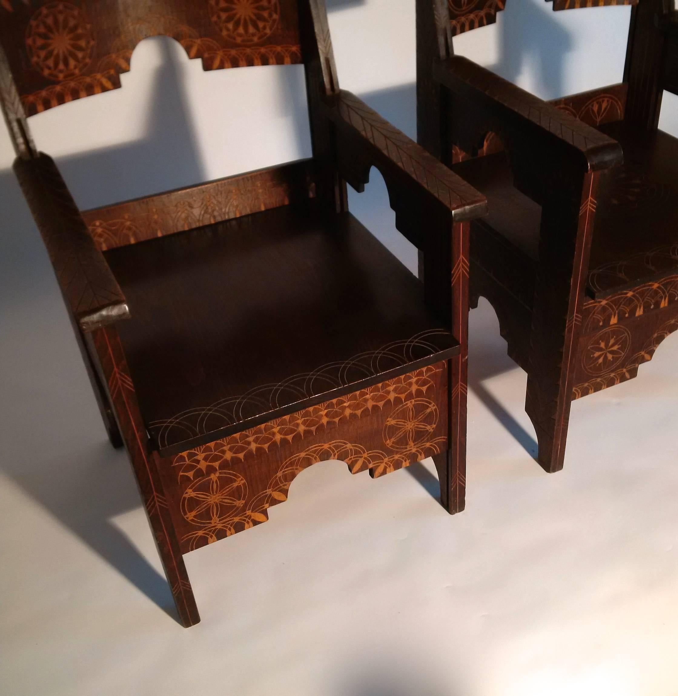 Italian Pair of Carved Wooden Chairs with Moorish Pattern, Italy, circa 1900 For Sale