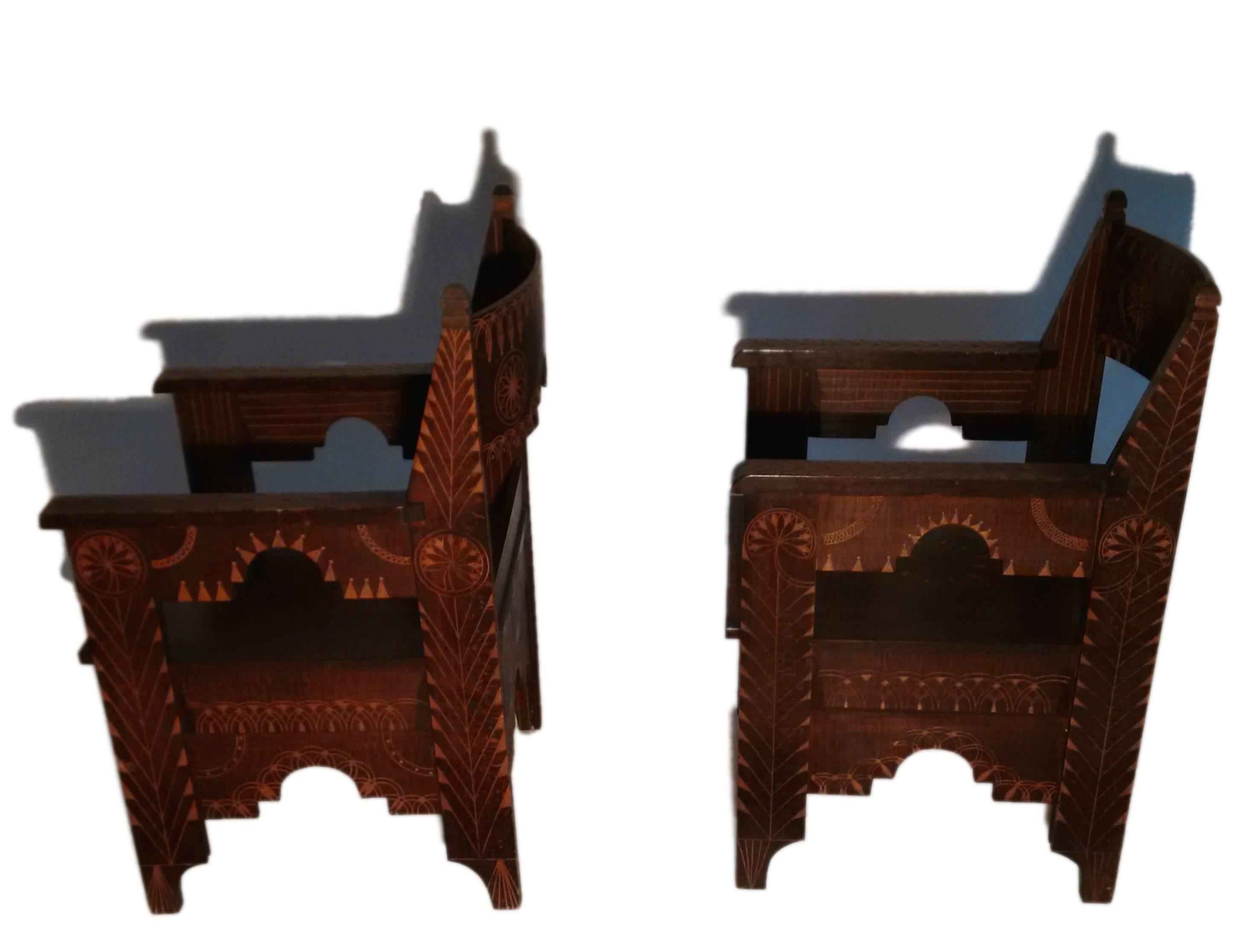 Tribal Pair of Carved Wooden Chairs with Moorish Pattern, Italy, circa 1900 For Sale
