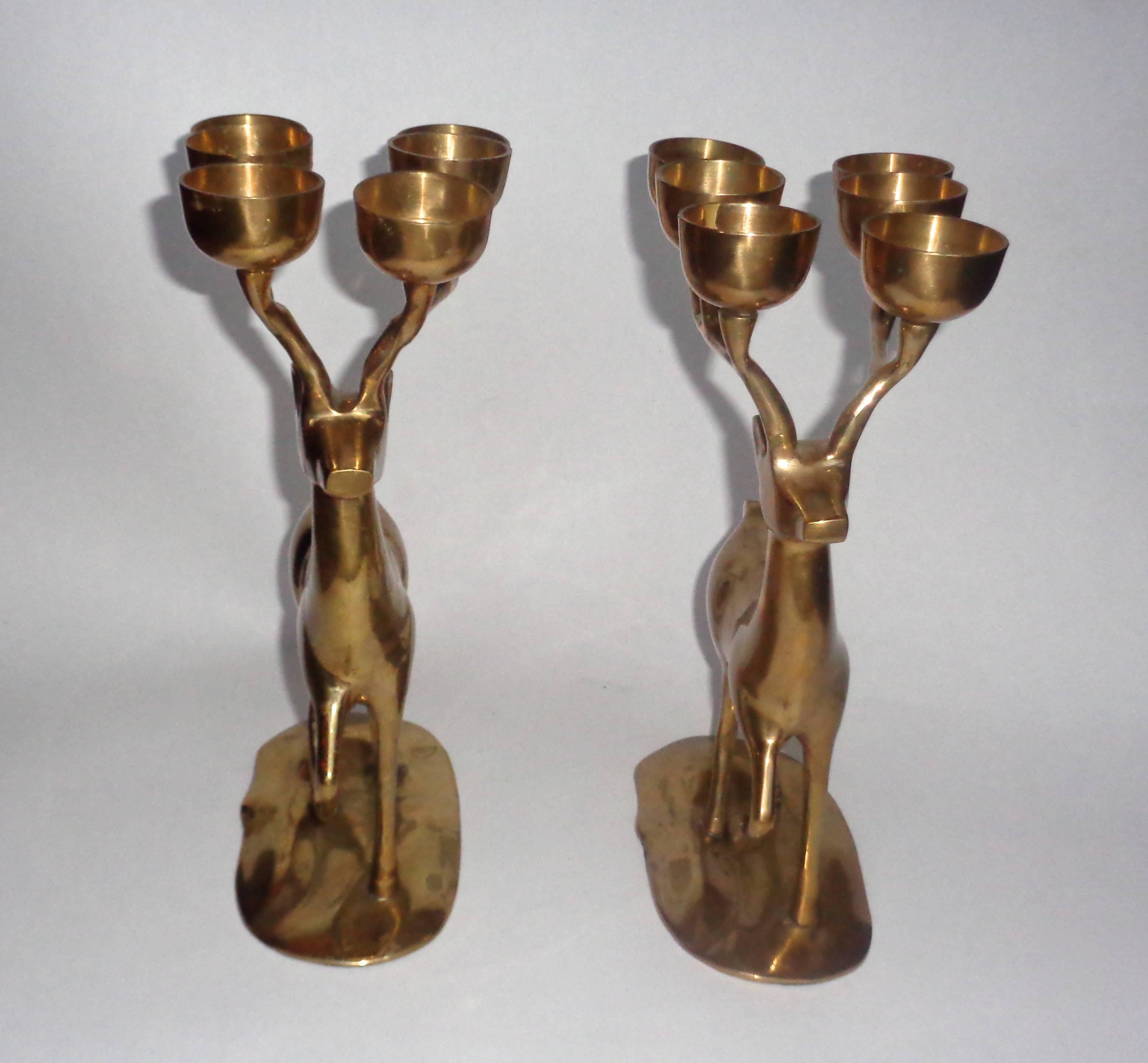 20th Century A Stunning Pair Of Vintage Brass Reindeer Candelabras