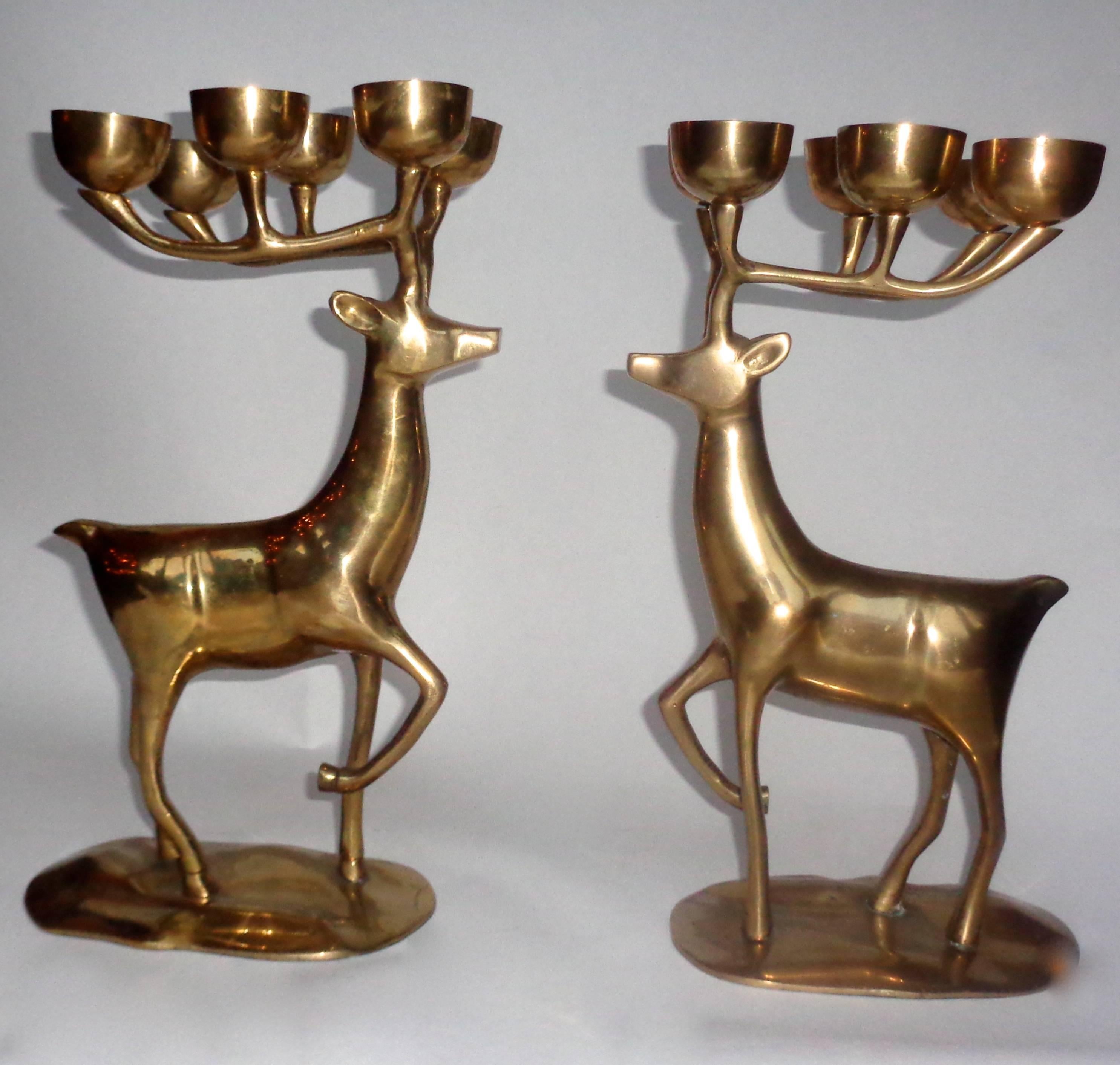 A Stunning Pair Of Vintage Brass Reindeer Candelabras In Excellent Condition In Hem, NL