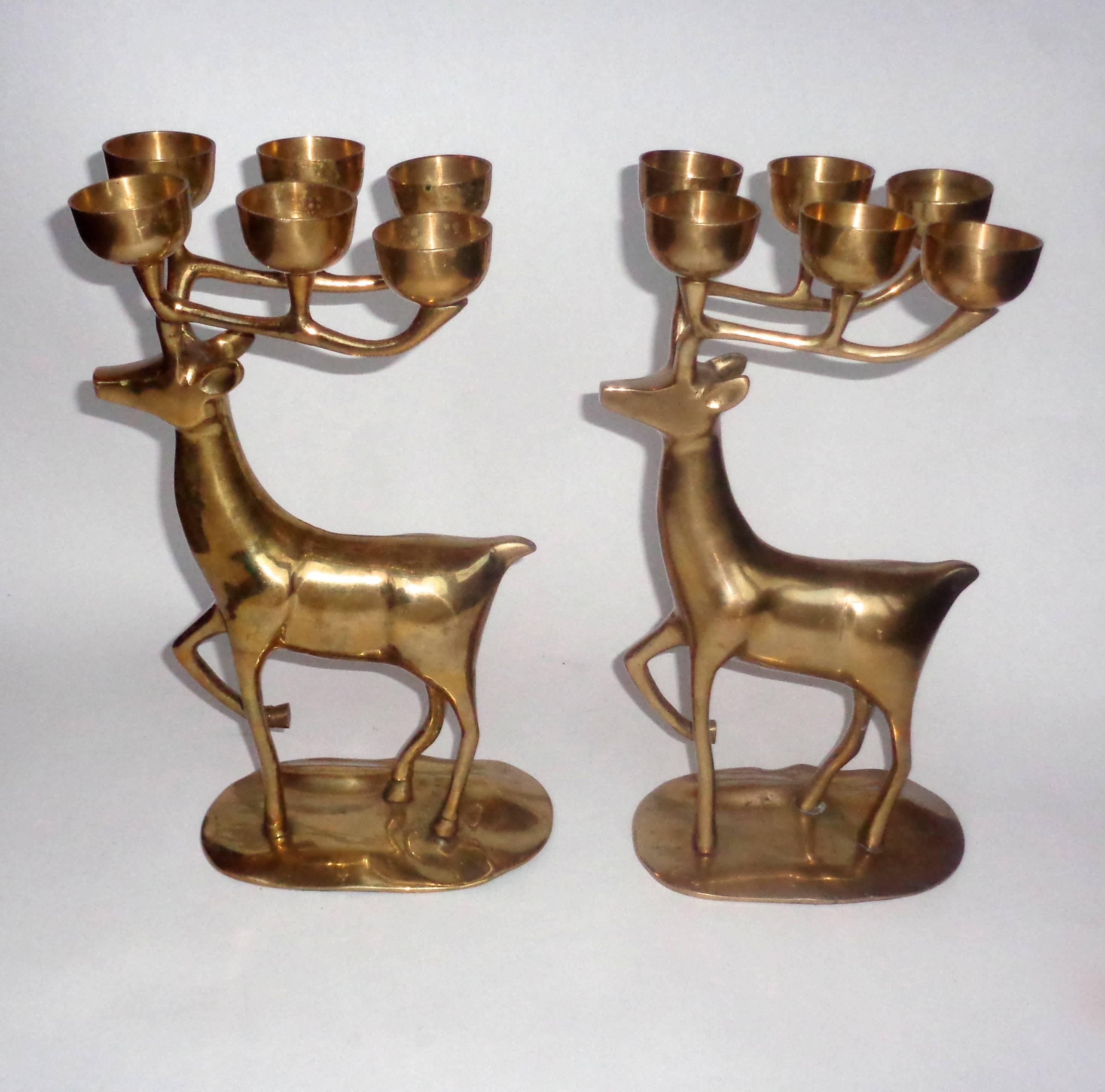 Regency A Stunning Pair Of Vintage Brass Reindeer Candelabras