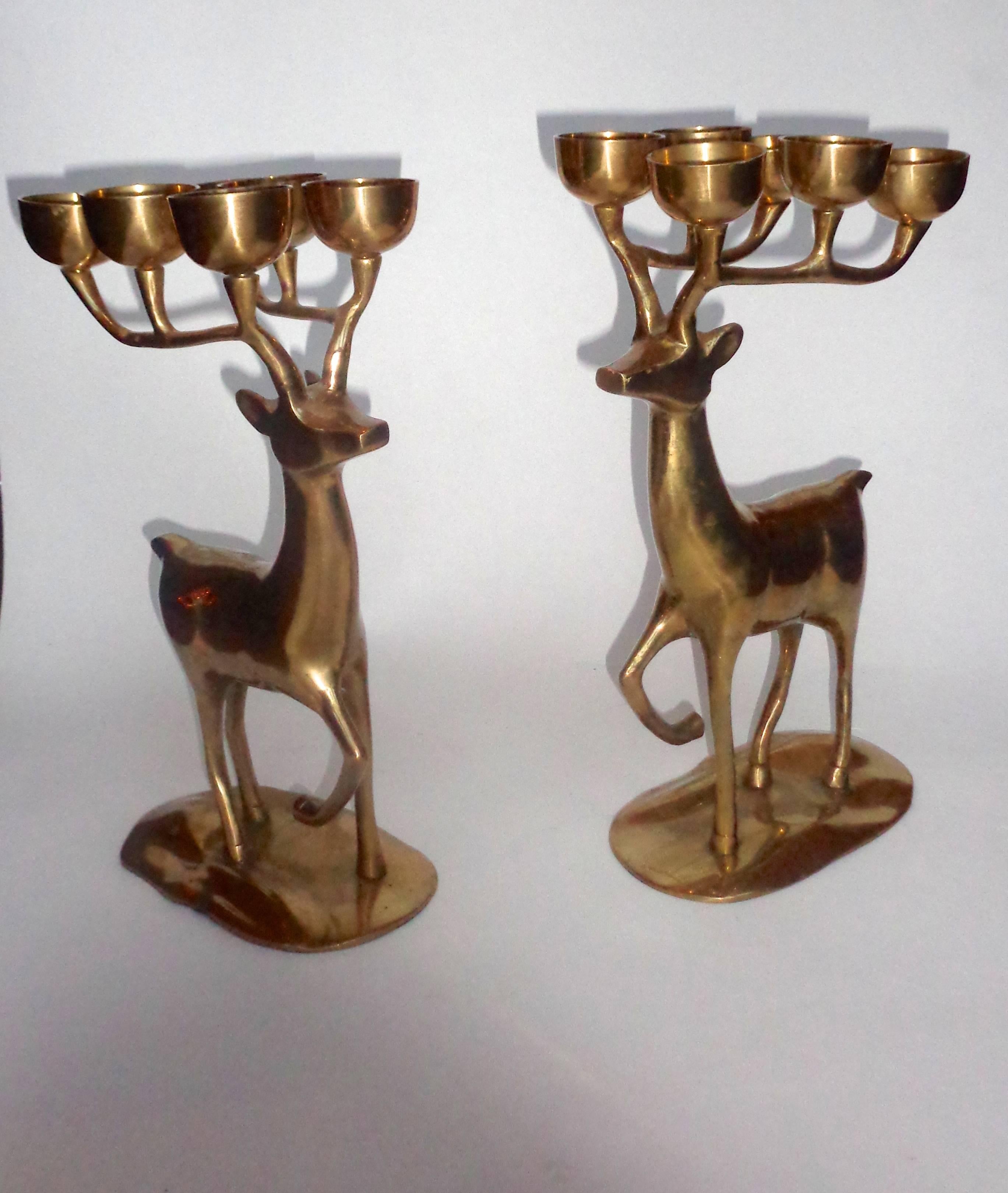 Unknown A Stunning Pair Of Vintage Brass Reindeer Candelabras