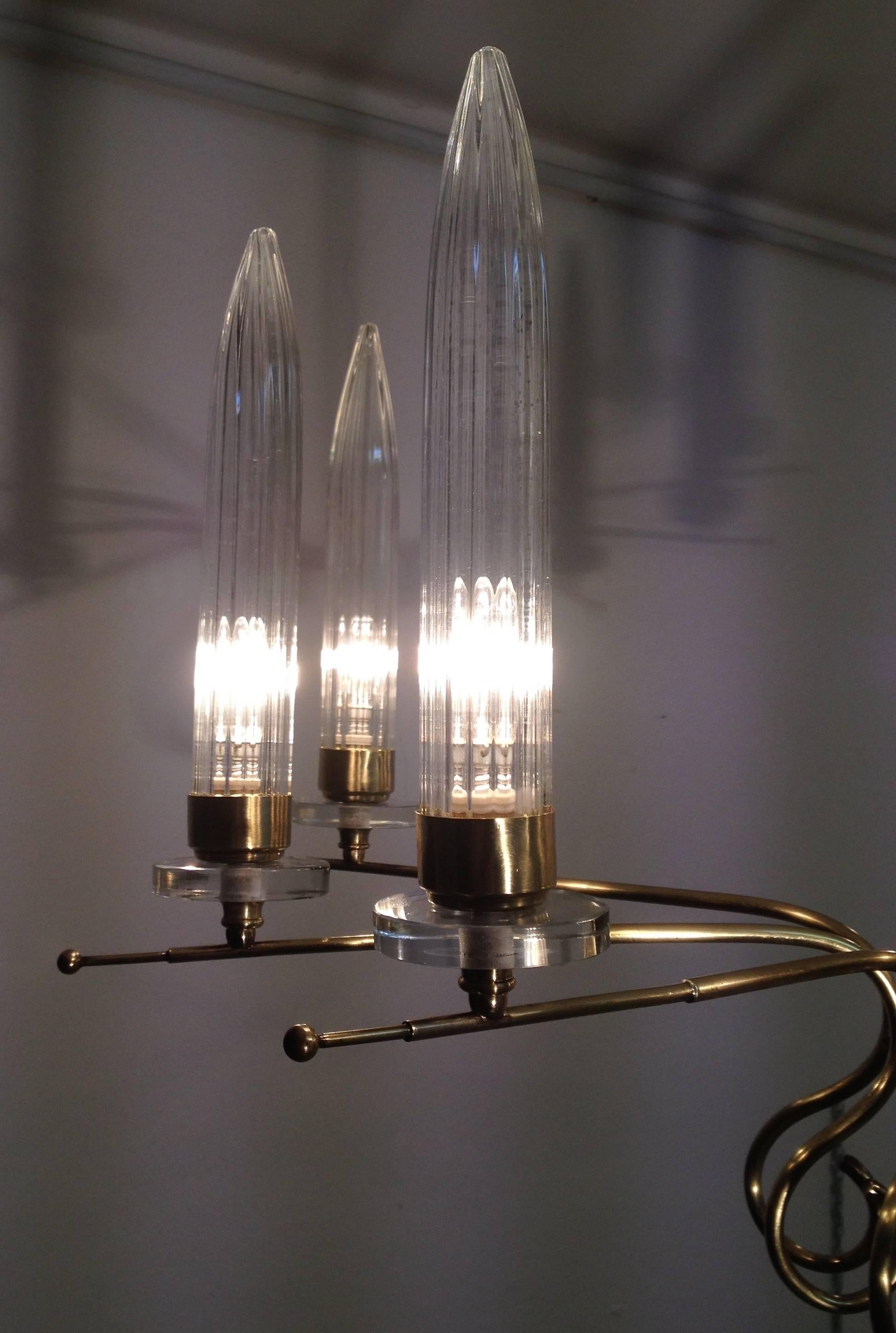  Brass Italian Duo Chandelier With Tall Glass Cone Shaped Diffusers For Sale 1