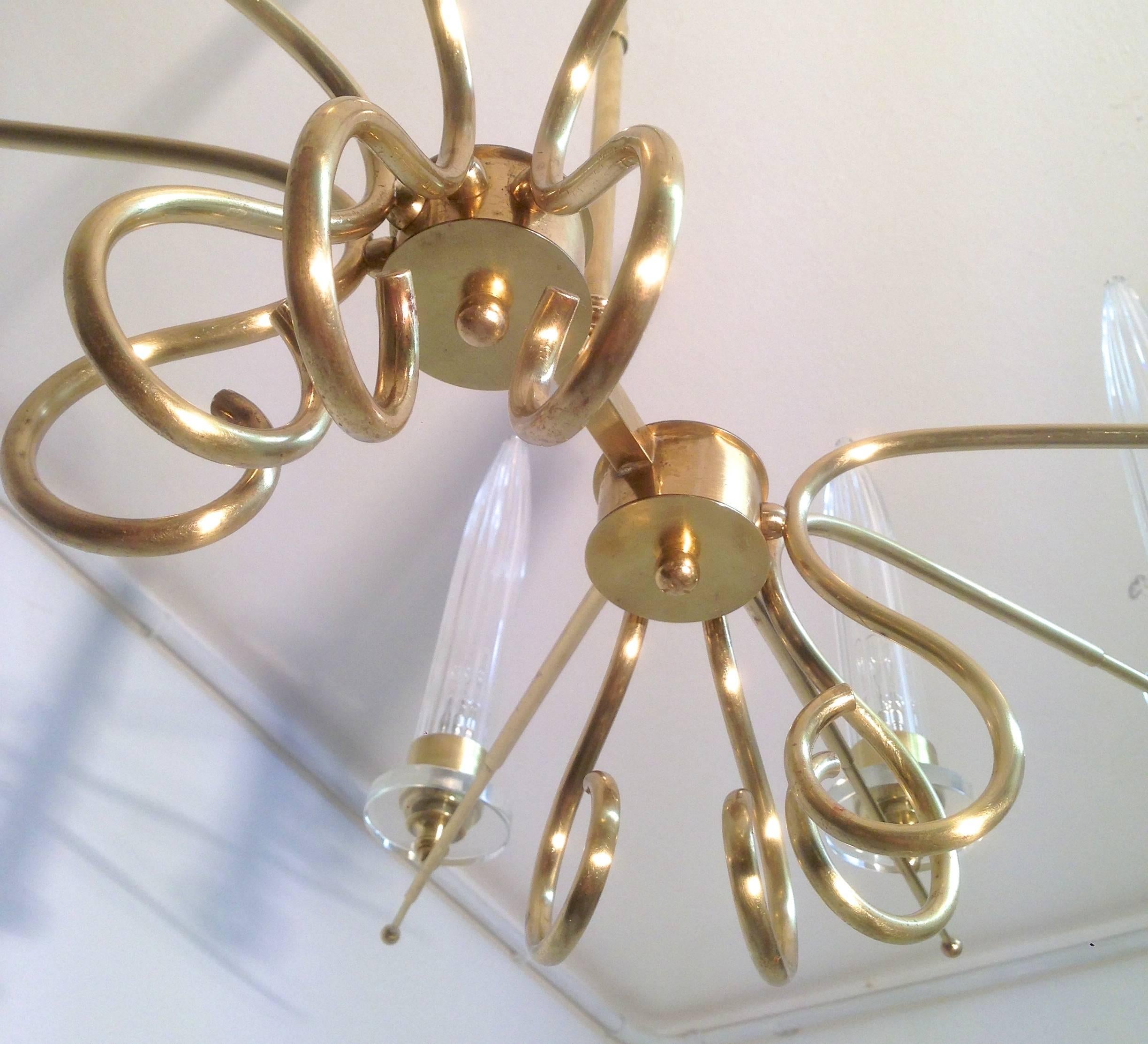  Brass Italian Duo Chandelier With Tall Glass Cone Shaped Diffusers For Sale 2