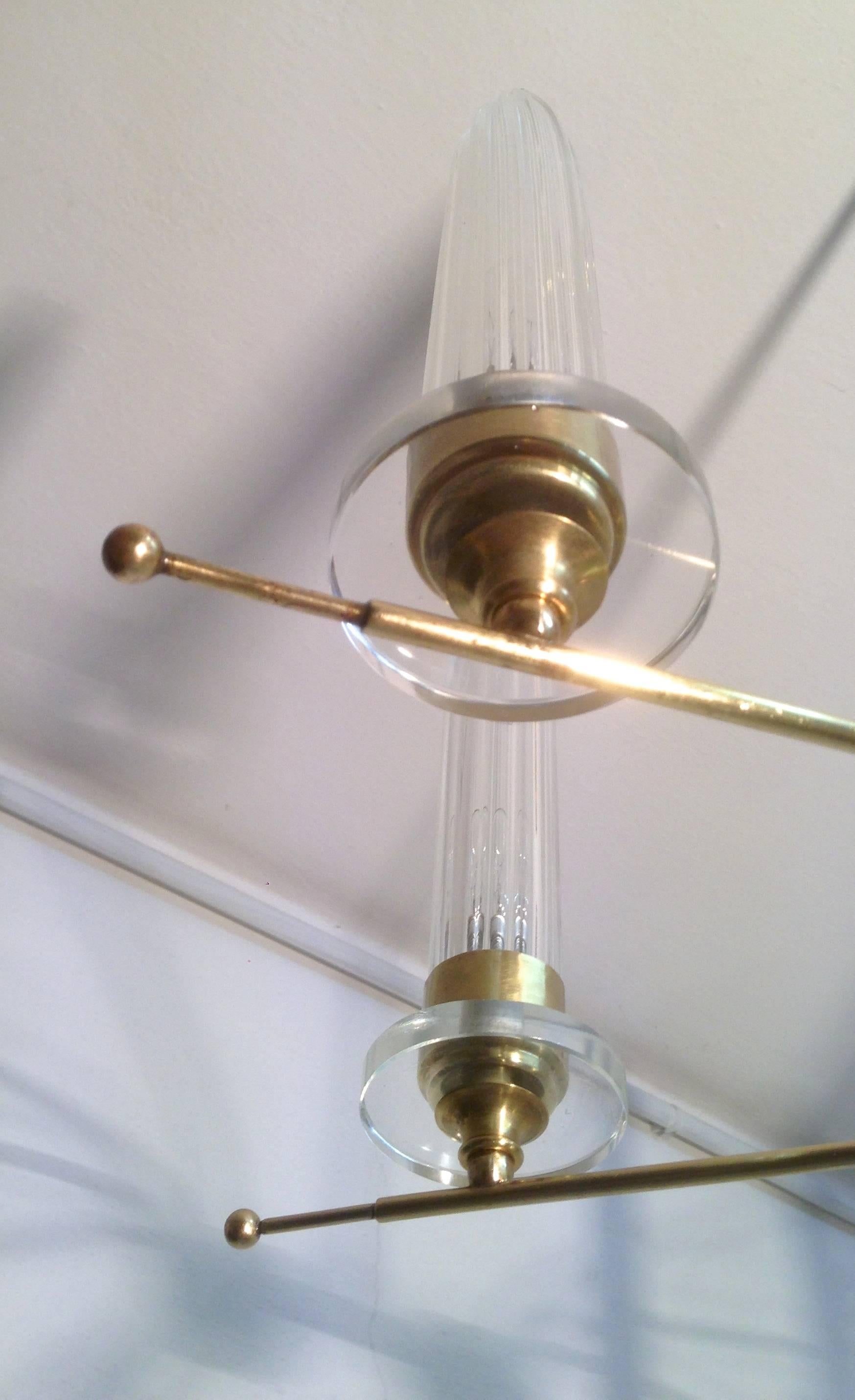 20th Century  Brass Italian Duo Chandelier With Tall Glass Cone Shaped Diffusers For Sale