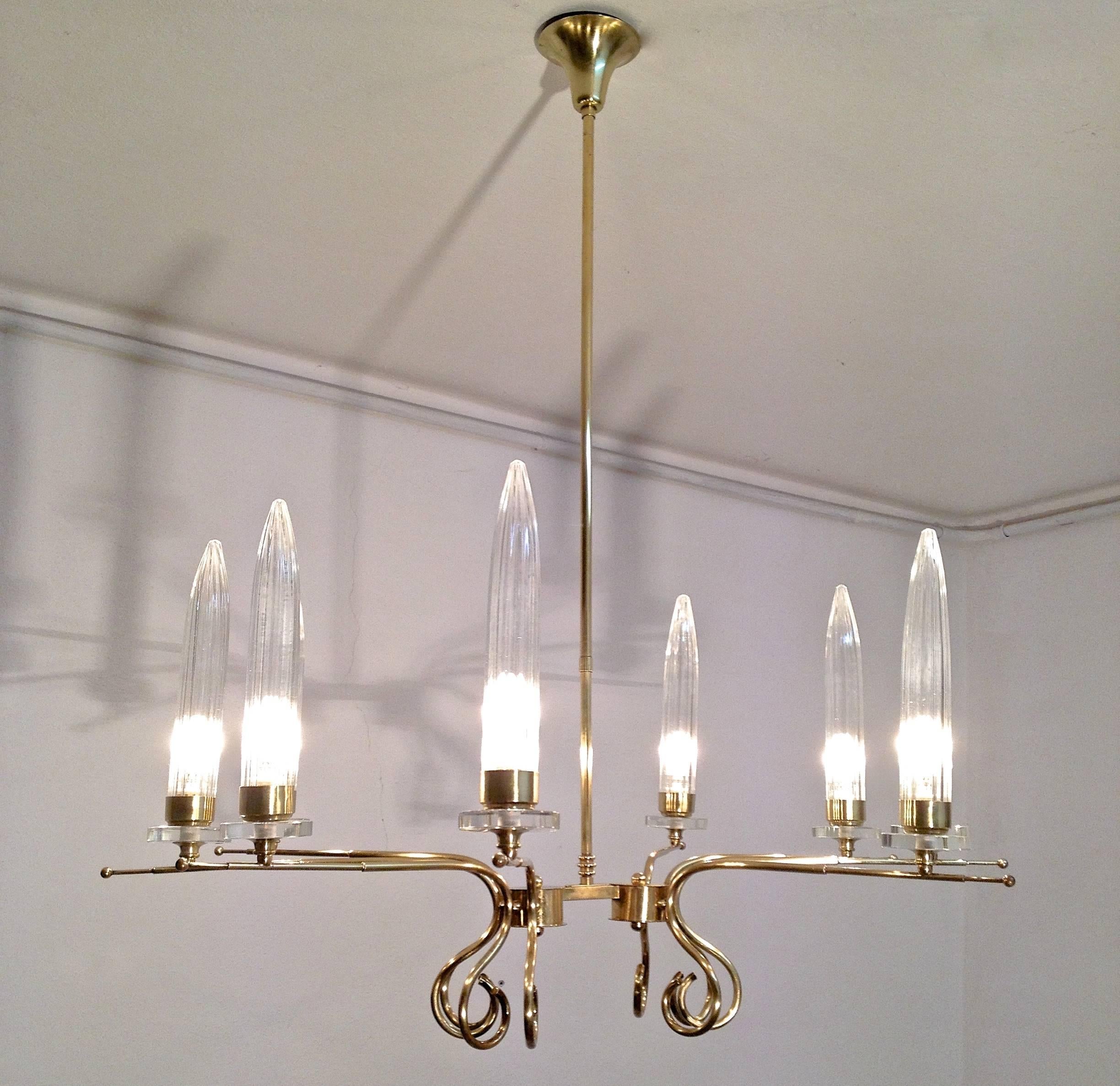 Mid-Century Modern  Brass Italian Duo Chandelier With Tall Glass Cone Shaped Diffusers For Sale