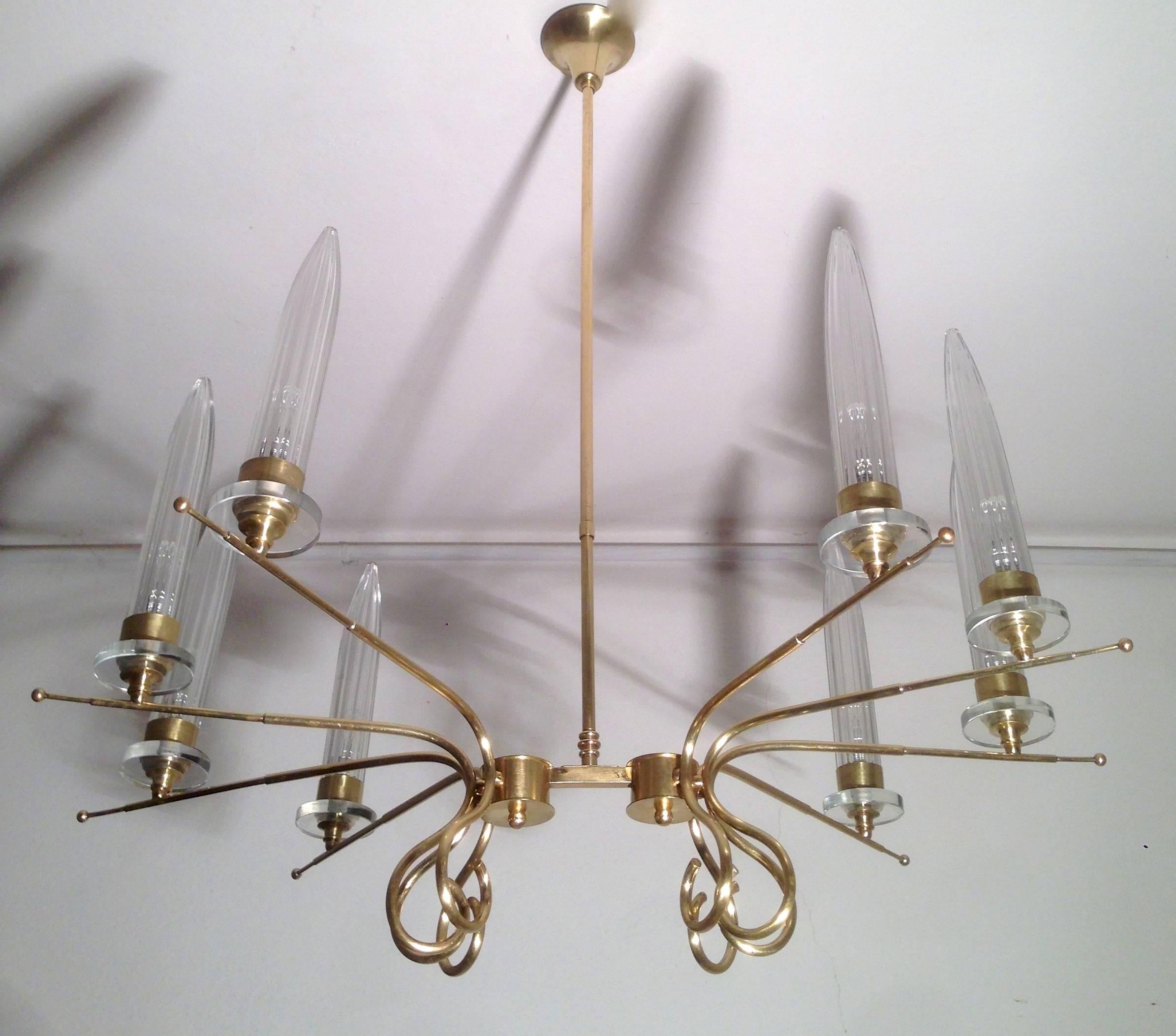  Brass Italian Duo Chandelier With Tall Glass Cone Shaped Diffusers In Excellent Condition For Sale In Hem, NL