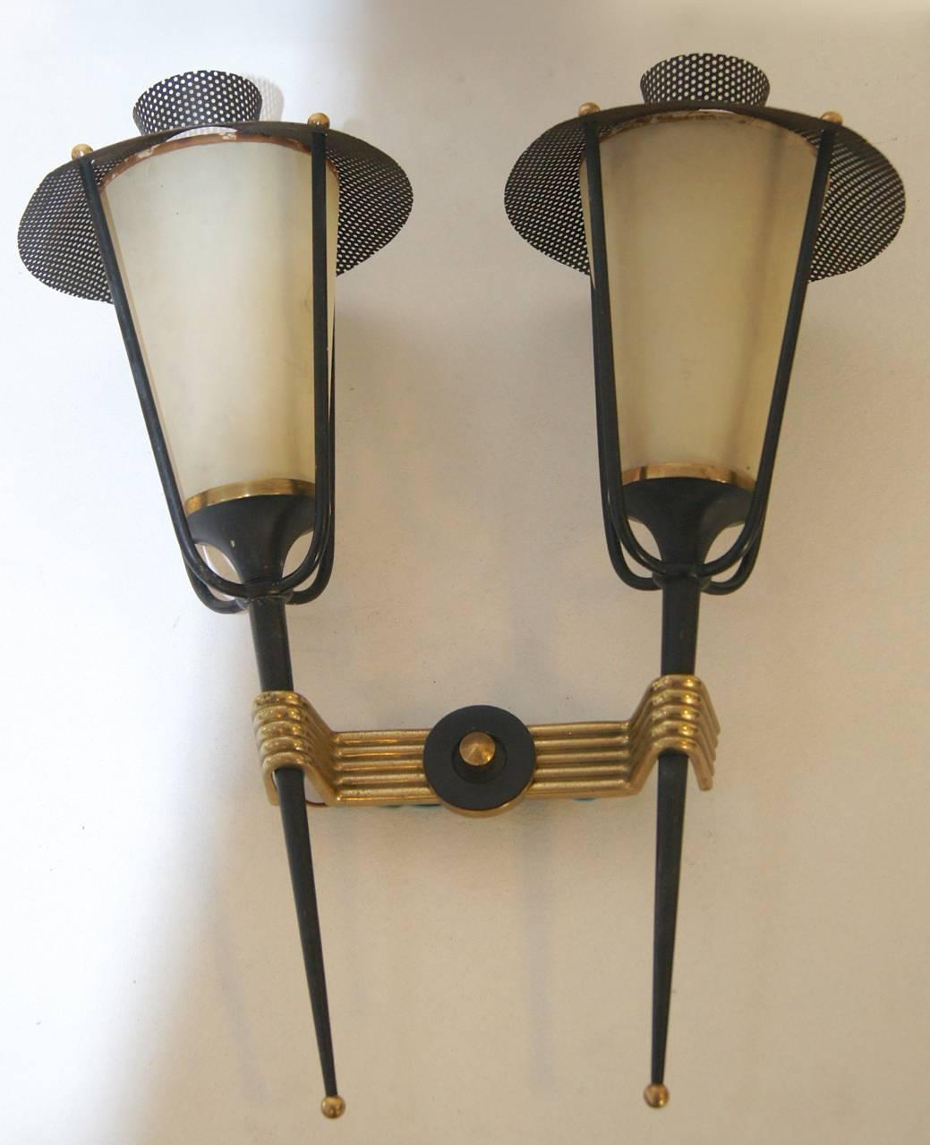 French Mid-Century Double Arm Arlus Wall Lights, France For Sale