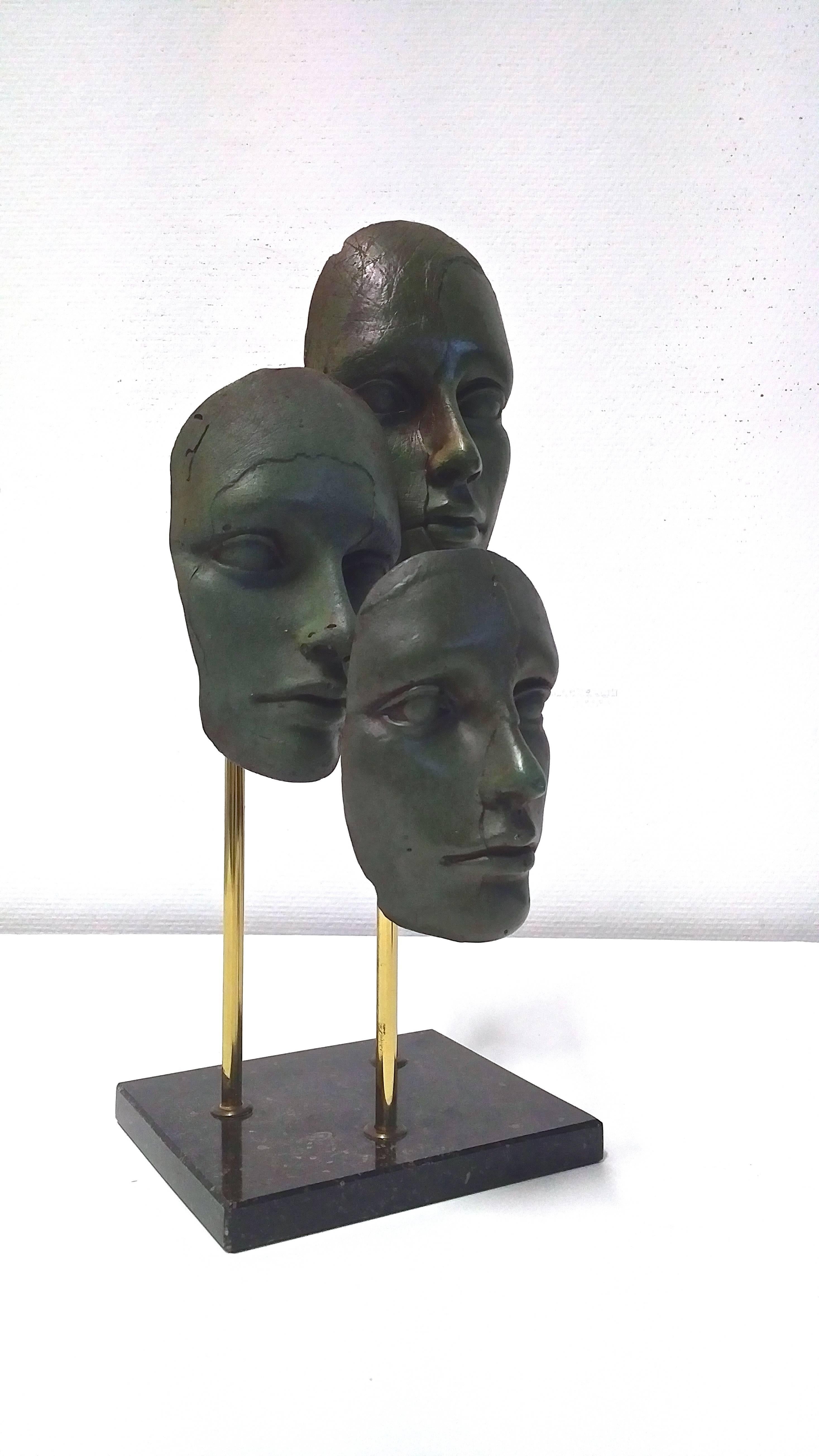 Mid-Century Modern Bronze and Brass Sculpture with Three Faces on Marble Base