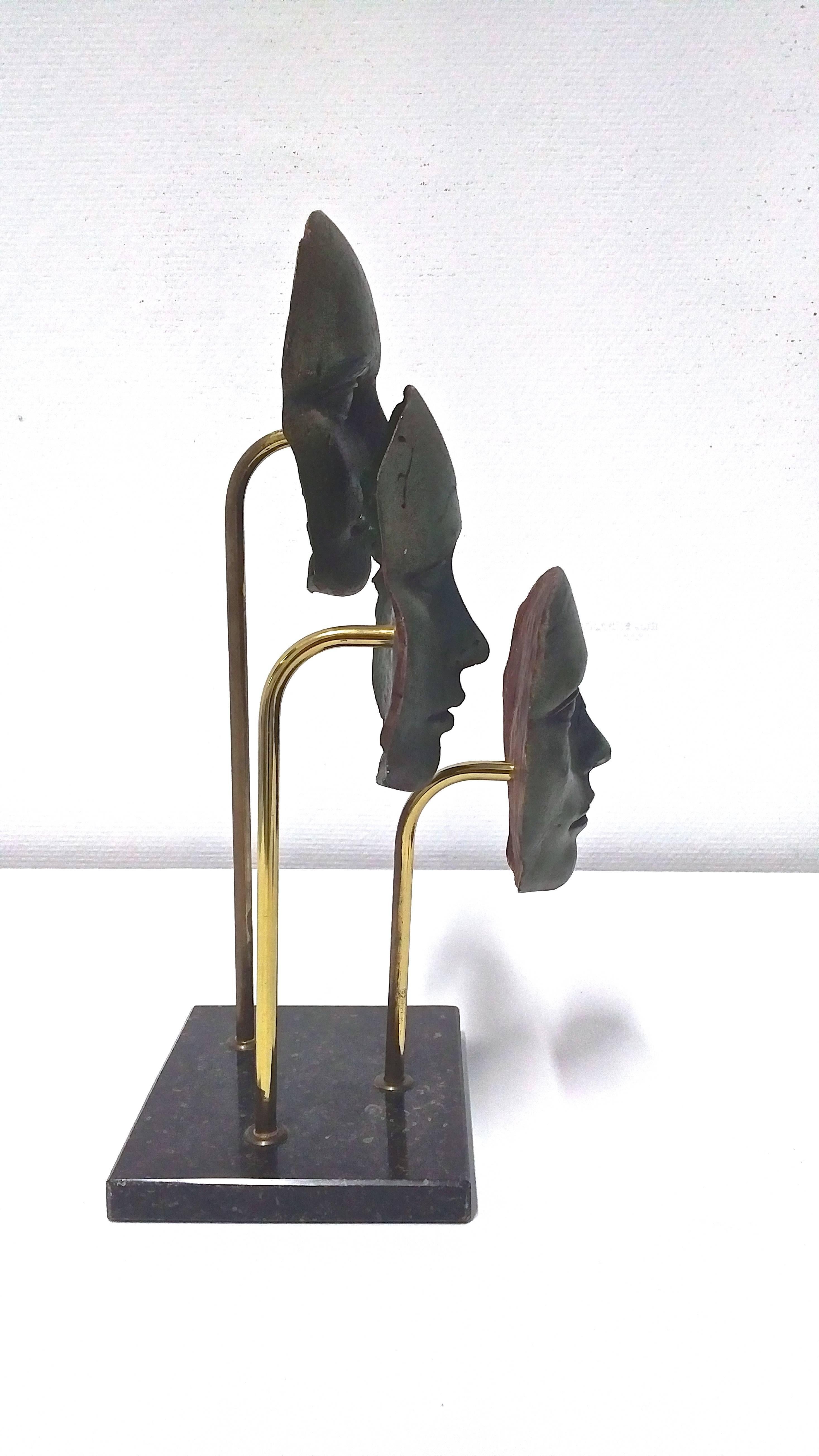 Bronze and Brass Sculpture with Three Faces on Marble Base 1