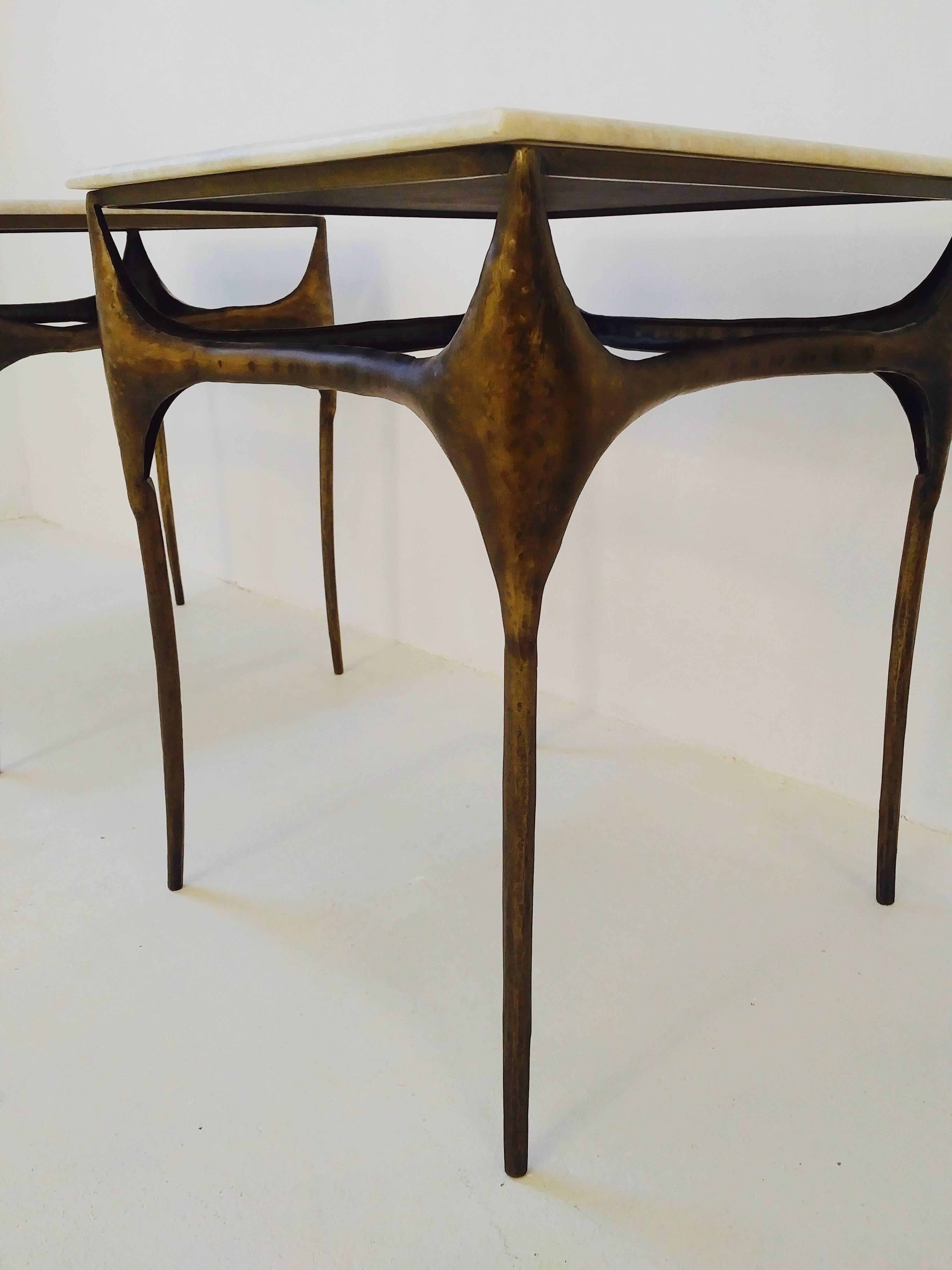 Late 20th Century Pair of Organic Bronzed and Marble Side Tables For Sale